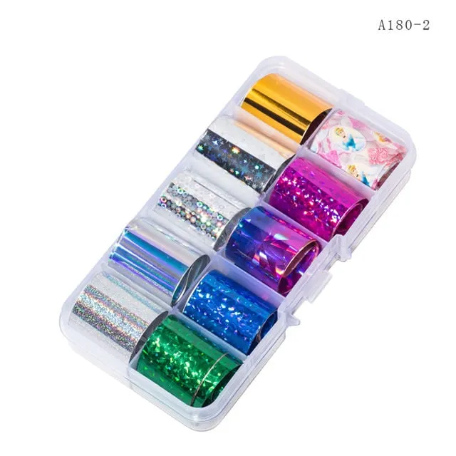 10 Design/set  2.5*100cm Holographic Nail Art Transfer Foil Stickers Paper Starry AB Color UV Gel Wraps Nail Adhesive Decals