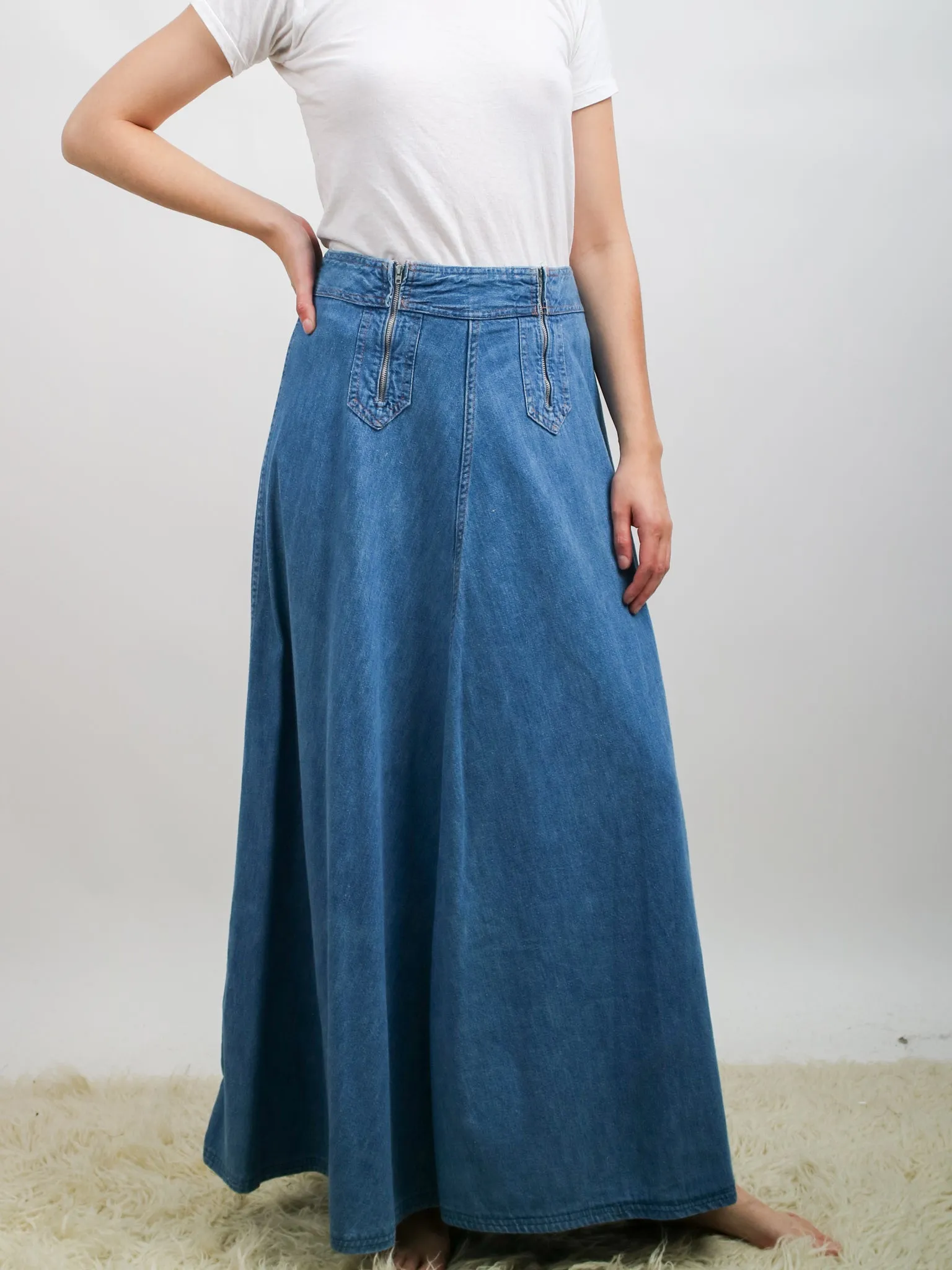 1970s Light Wash Denim Double Zip Front Maxi Skirt