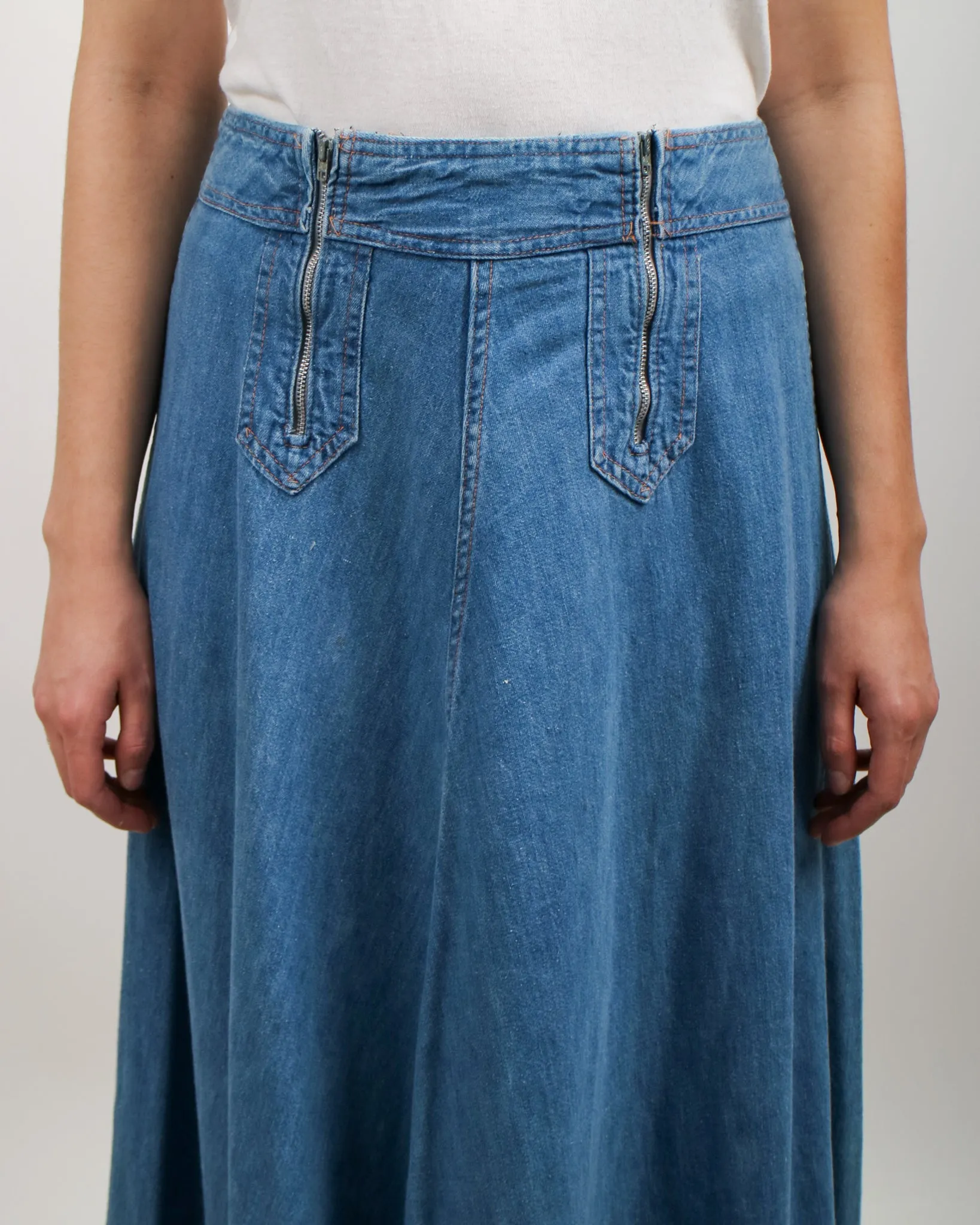 1970s Light Wash Denim Double Zip Front Maxi Skirt