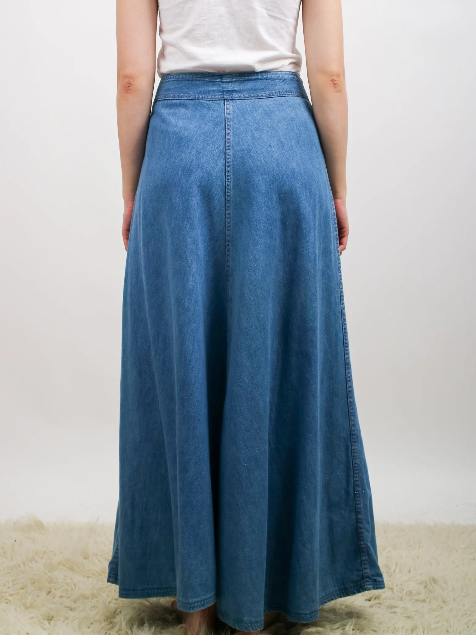 1970s Light Wash Denim Double Zip Front Maxi Skirt