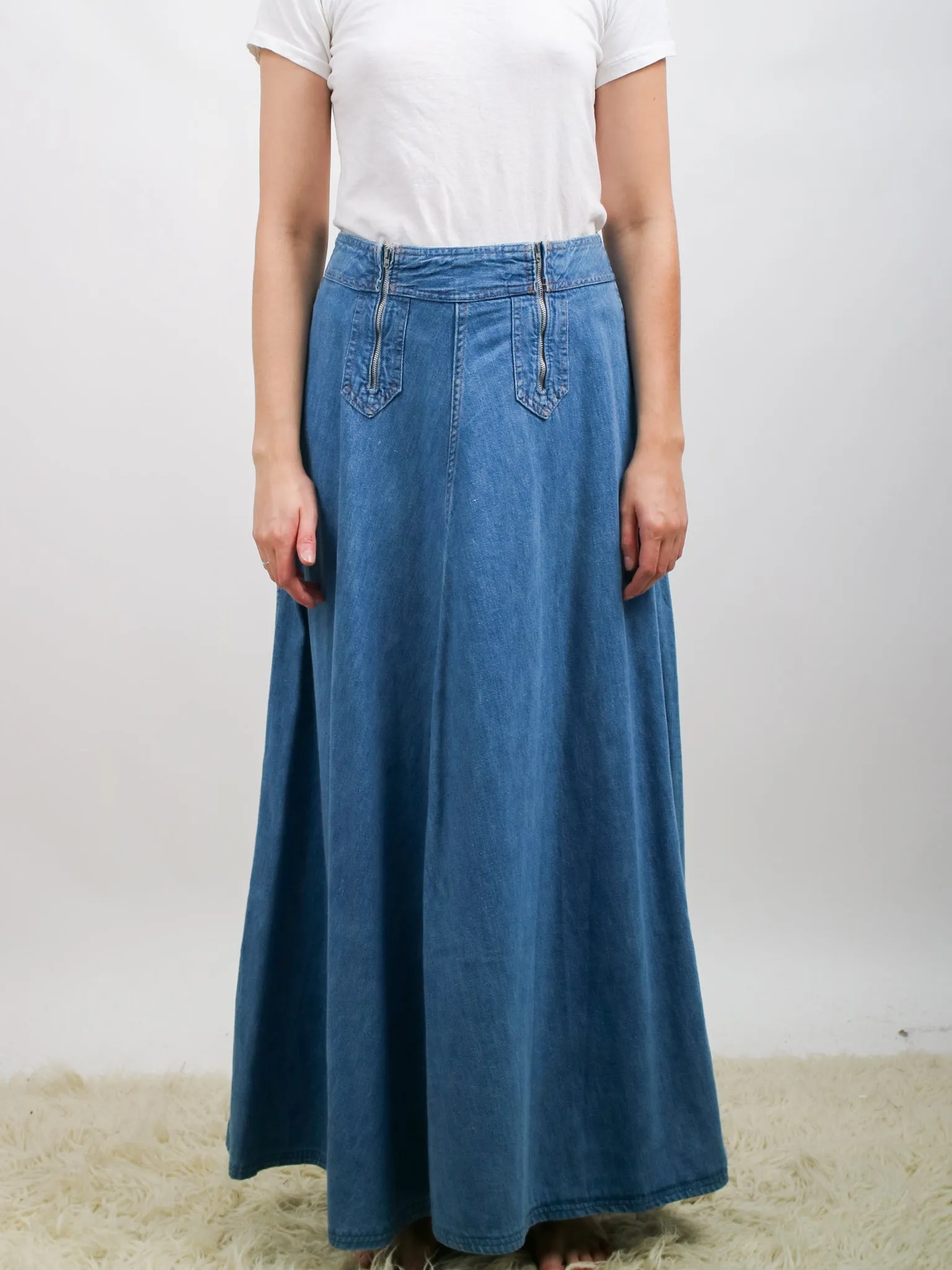 1970s Light Wash Denim Double Zip Front Maxi Skirt