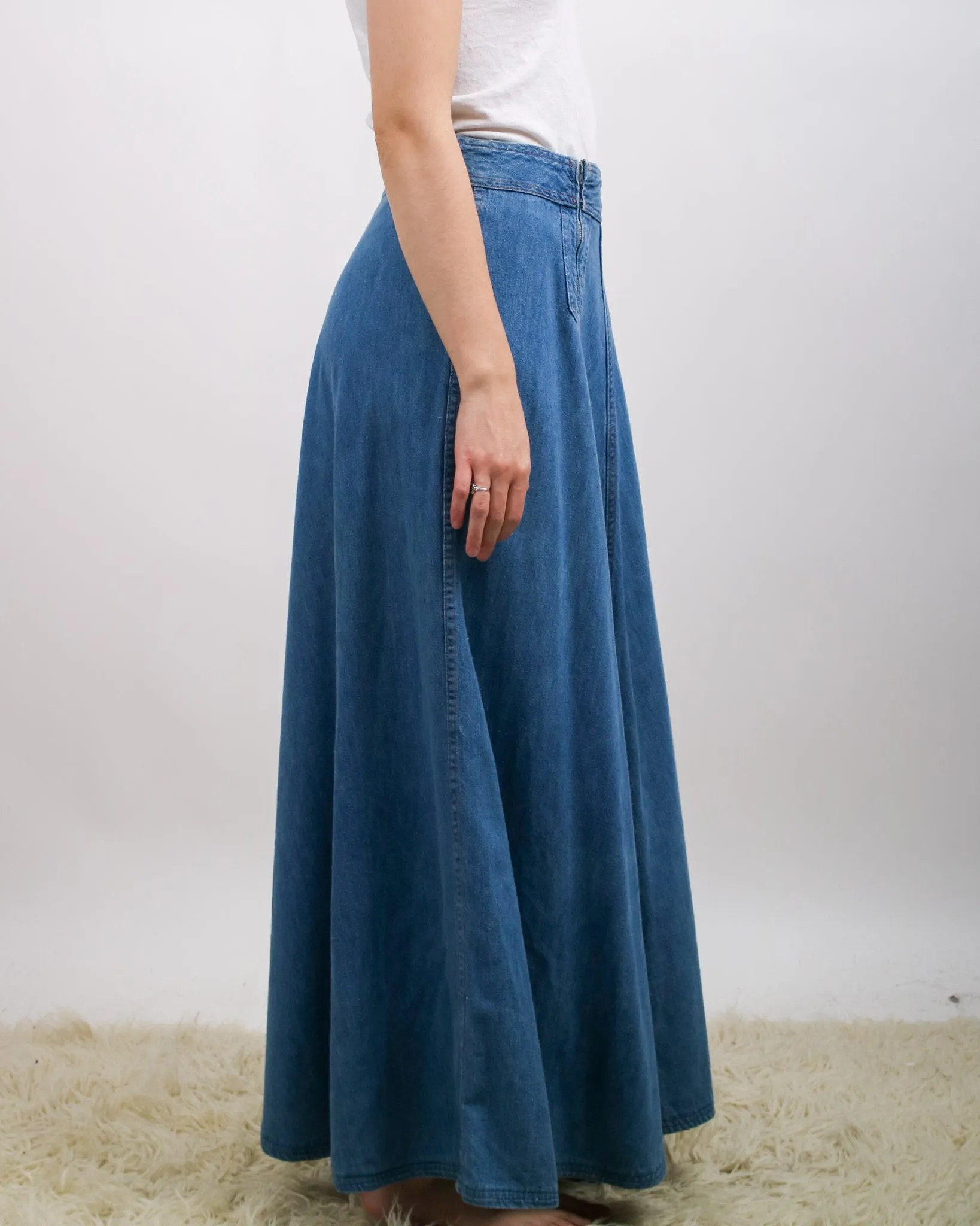 1970s Light Wash Denim Double Zip Front Maxi Skirt