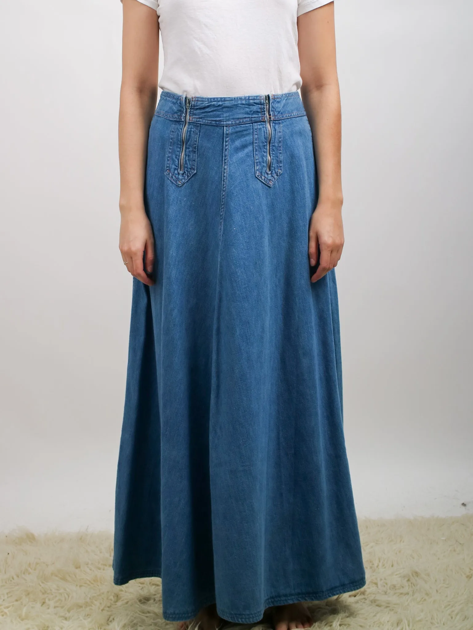 1970s Light Wash Denim Double Zip Front Maxi Skirt