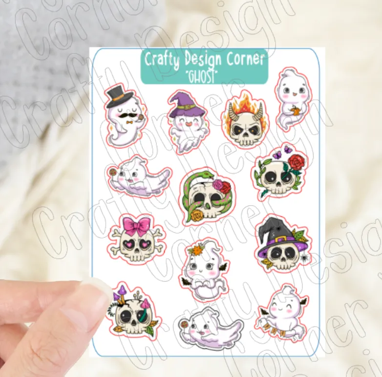 1" Halloween Ghosts stickers, Ghosts with Skulls sticker sheet, Matte Planner Sticker or Glossy Planner Sticker, Cute Ghost skulls