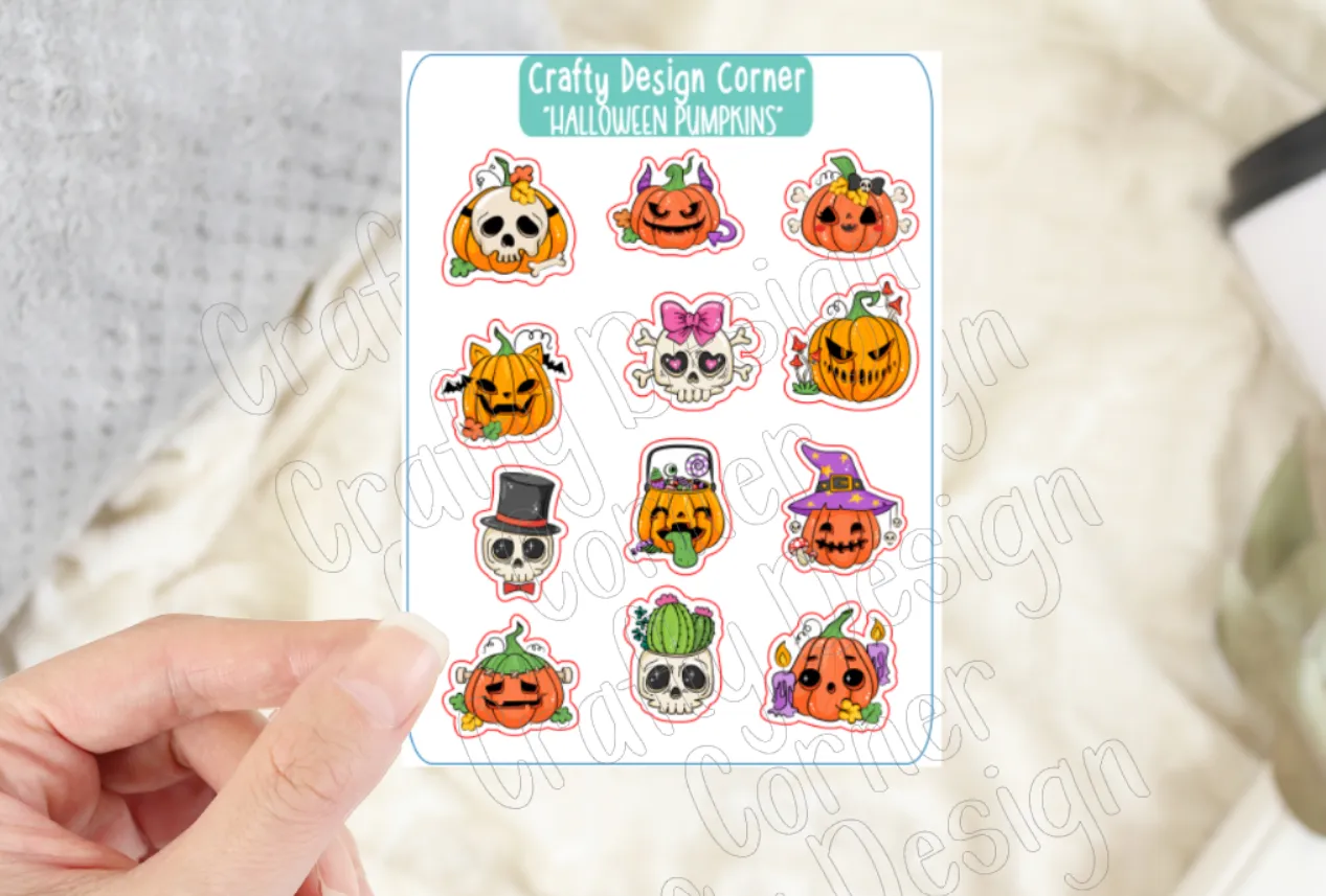 1" Halloween Pumpkin stickers, Pumpkins with Skulls sticker sheet, Matte Planner Sticker or Glossy Planner Sticker, Cute Pumpkin skulls