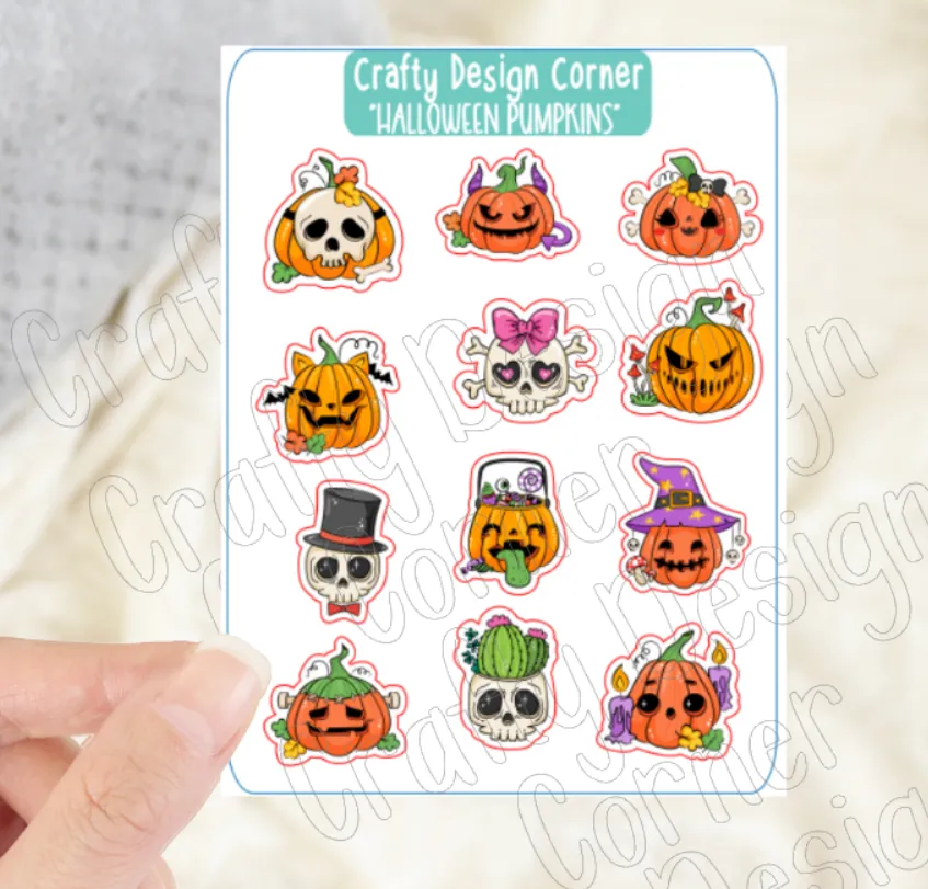 1" Halloween Pumpkin stickers, Pumpkins with Skulls sticker sheet, Matte Planner Sticker or Glossy Planner Sticker, Cute Pumpkin skulls