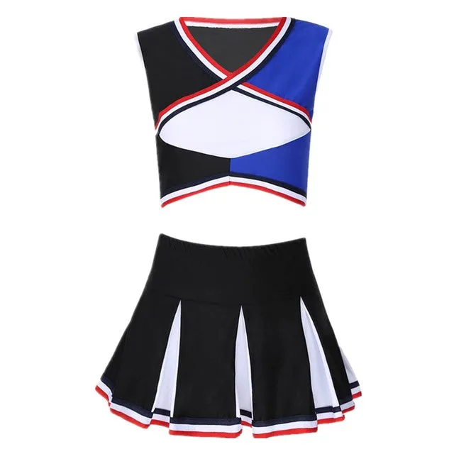 2 Piece Cheerleader Costume Cosplay Elastic Striped Shoulder Straps Back Cross Crop Top with High Waist Pleated Skirt