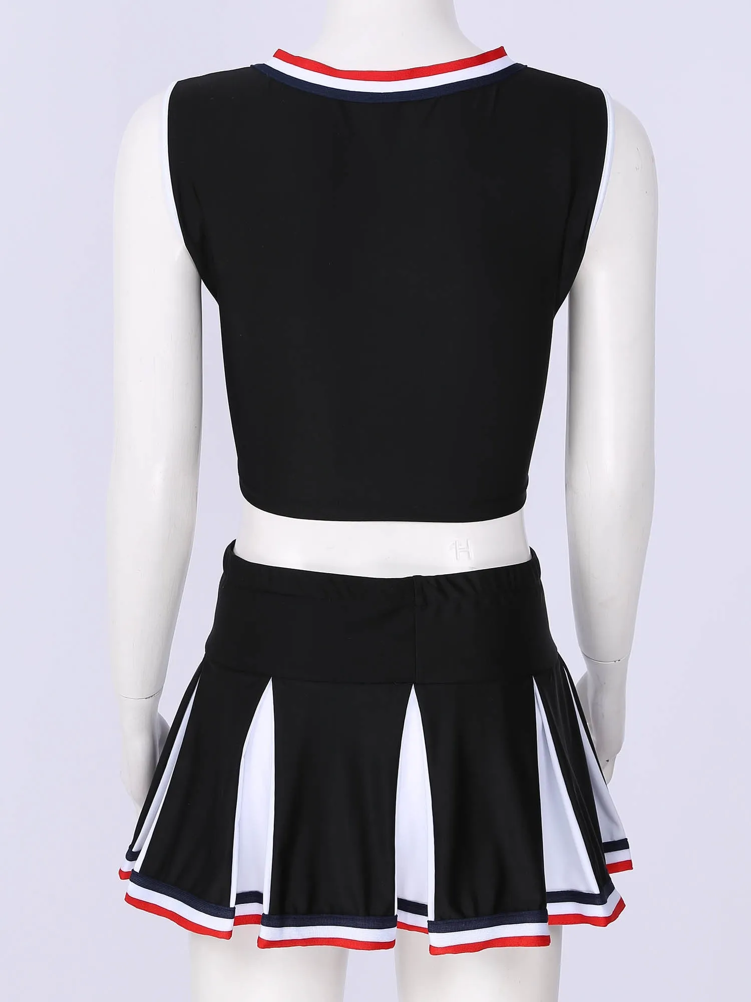 2 Piece Cheerleader Costume Cosplay Elastic Striped Shoulder Straps Back Cross Crop Top with High Waist Pleated Skirt