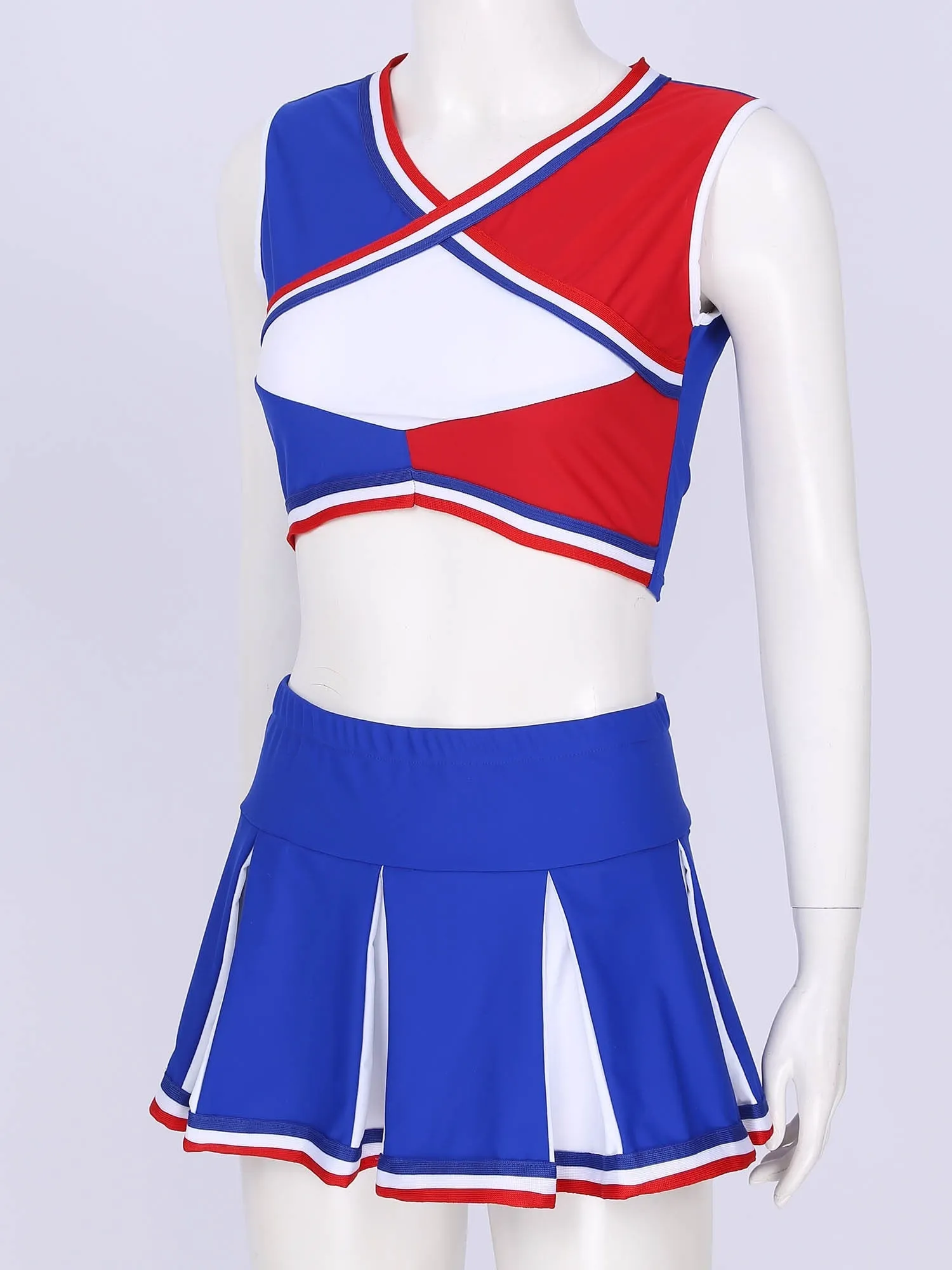 2 Piece Cheerleader Costume Cosplay Elastic Striped Shoulder Straps Back Cross Crop Top with High Waist Pleated Skirt