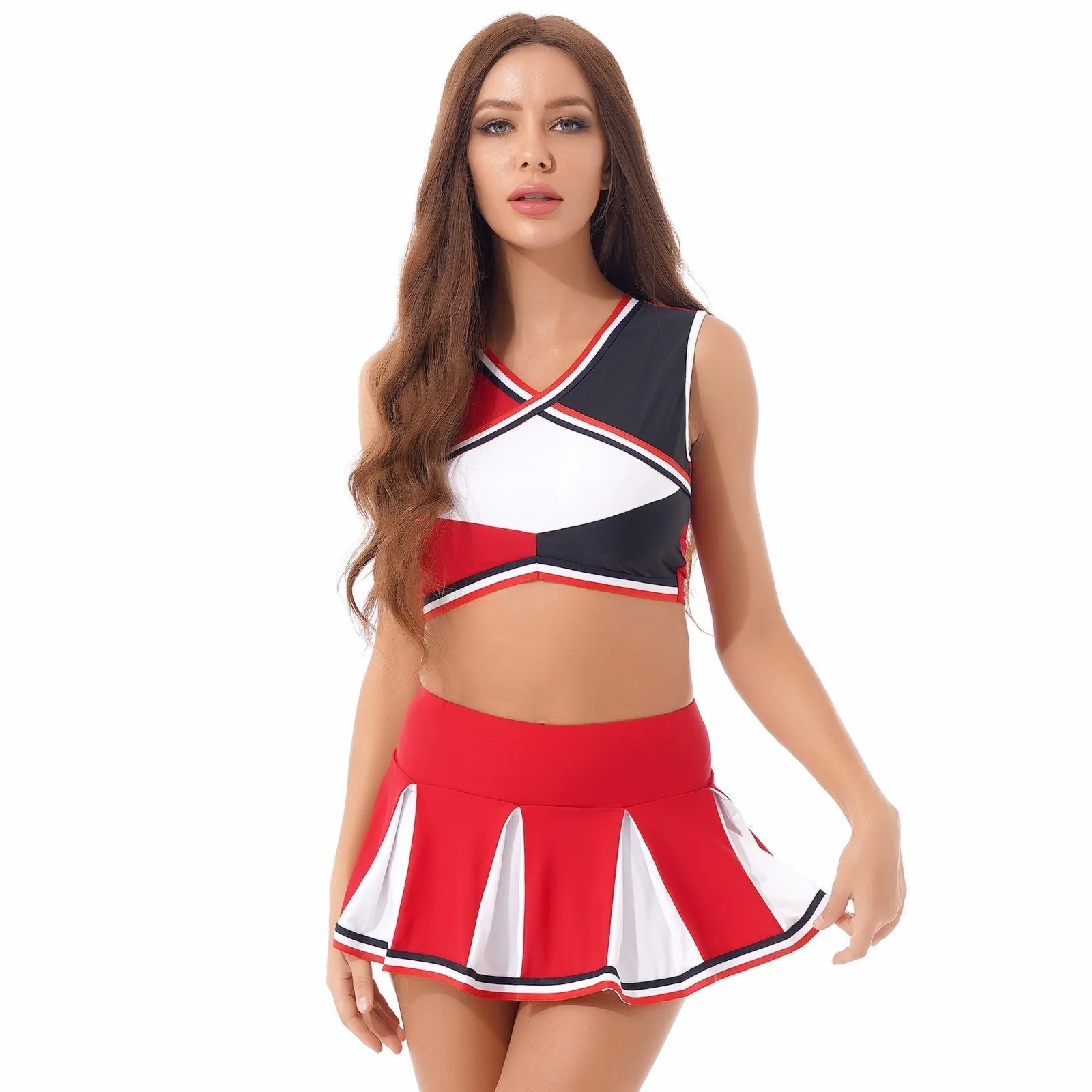 2 Piece Cheerleader Costume Cosplay Elastic Striped Shoulder Straps Back Cross Crop Top with High Waist Pleated Skirt