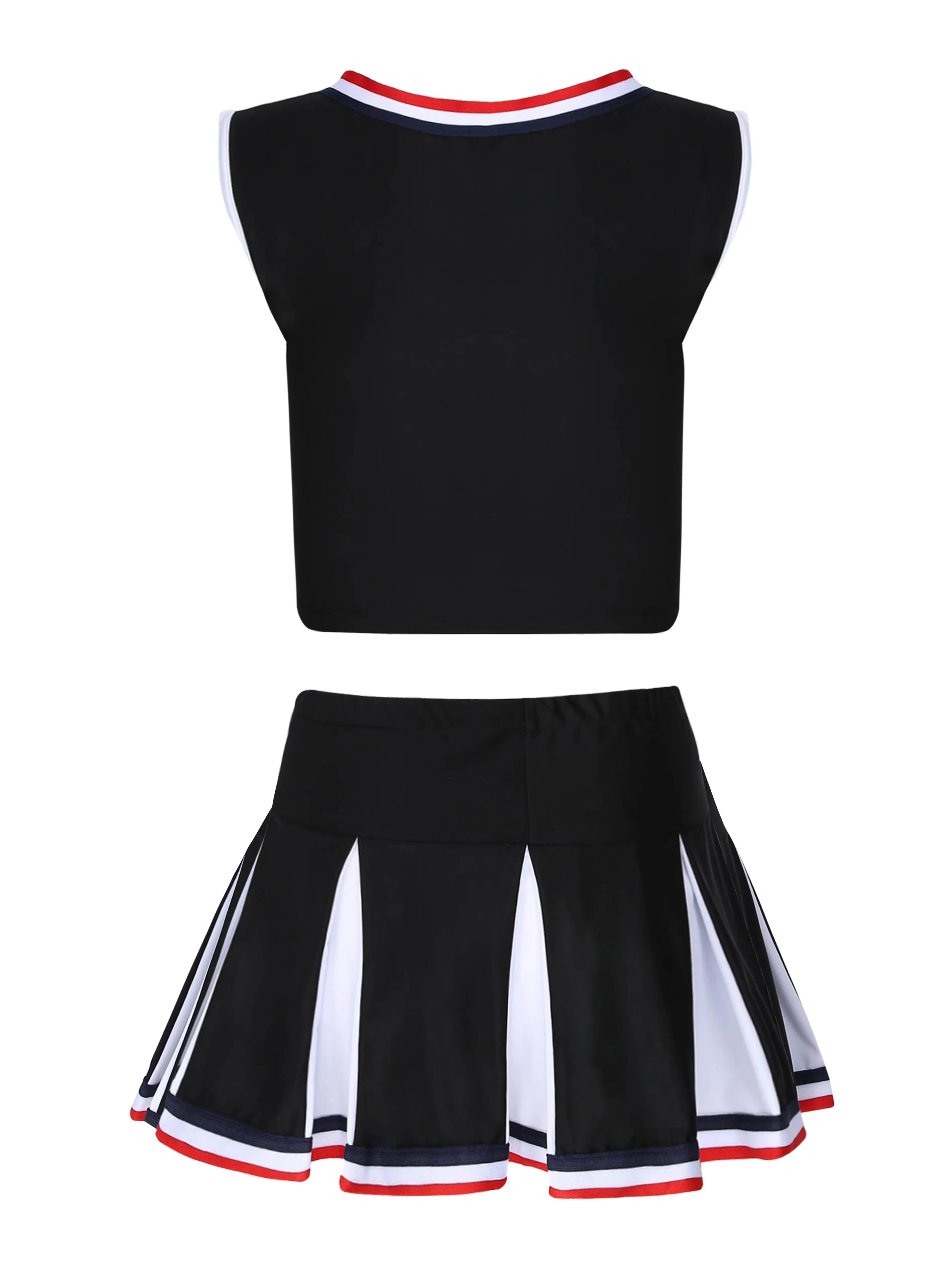 2 Piece Cheerleader Costume Cosplay Elastic Striped Shoulder Straps Back Cross Crop Top with High Waist Pleated Skirt