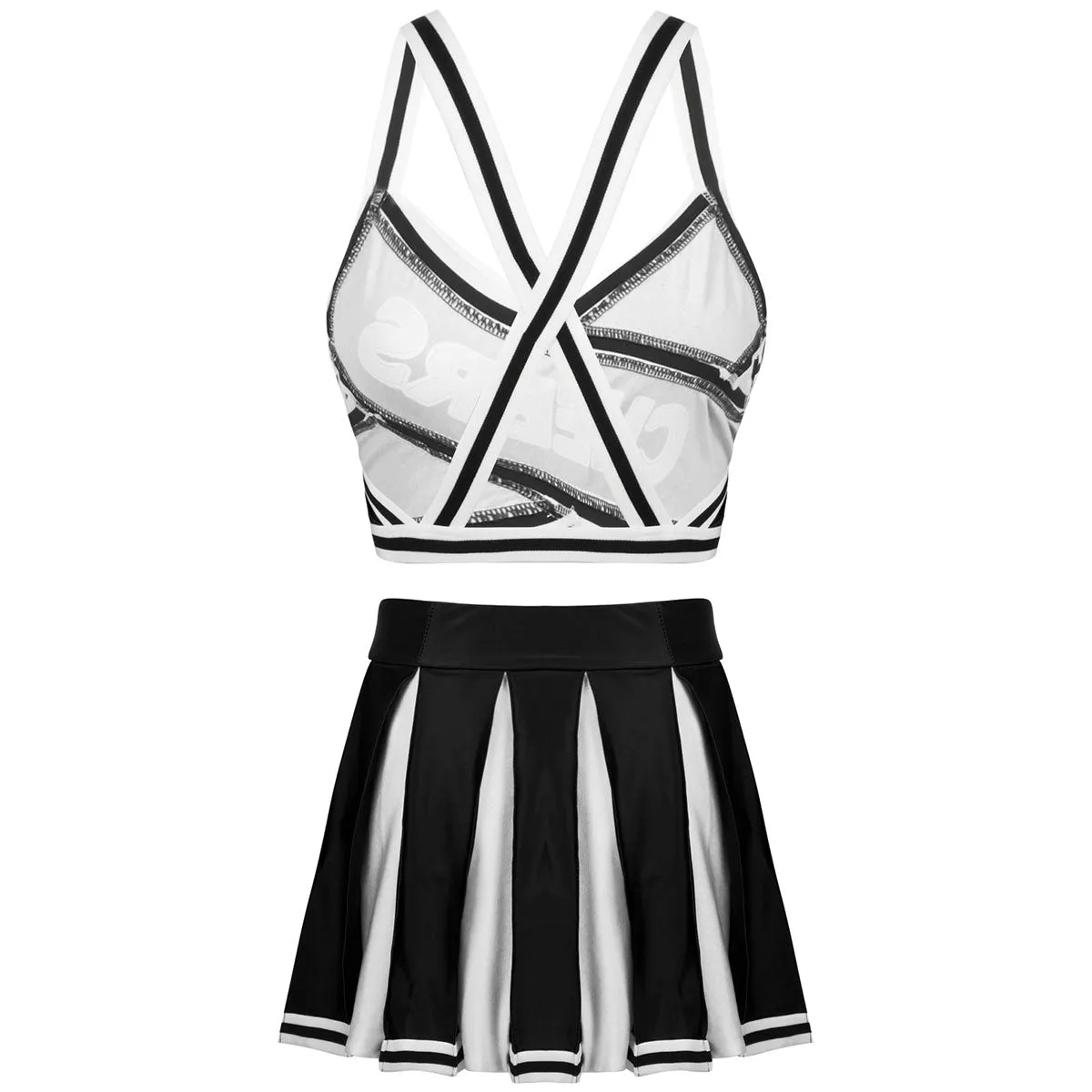 2 Piece Cheerleader Costume Cosplay Elastic Striped Shoulder Straps Back Cross Crop Top with High Waist Pleated Skirt