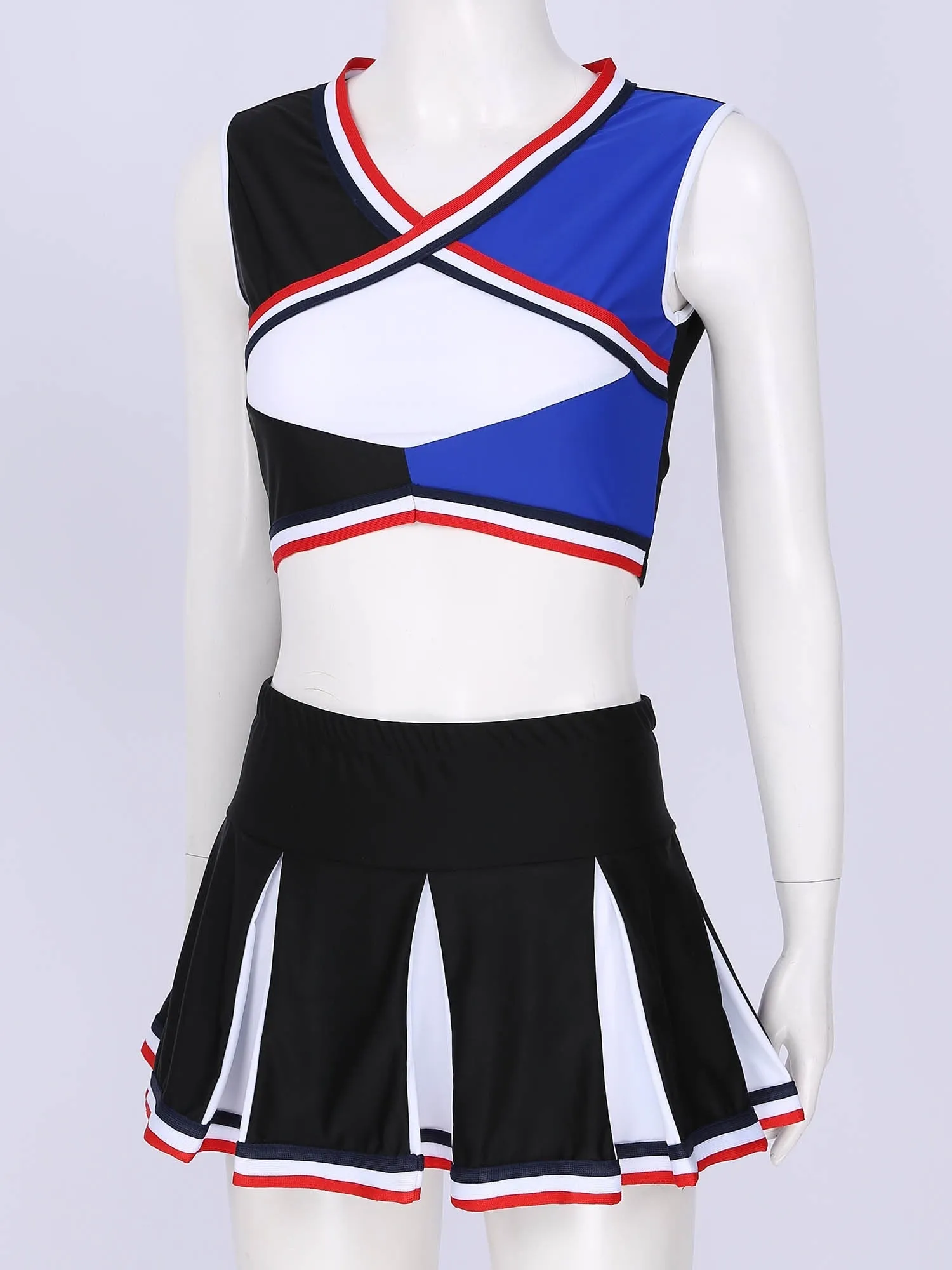 2 Piece Cheerleader Costume Cosplay Elastic Striped Shoulder Straps Back Cross Crop Top with High Waist Pleated Skirt