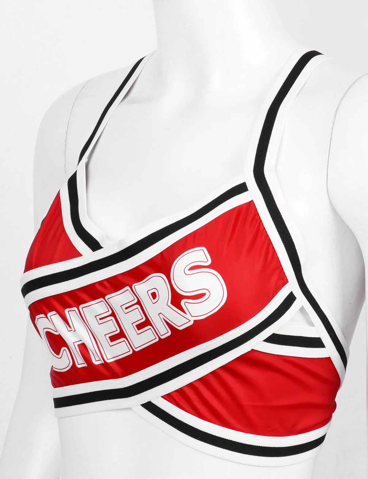 2 Piece Cheerleader Costume Cosplay Elastic Striped Shoulder Straps Back Cross Crop Top with High Waist Pleated Skirt