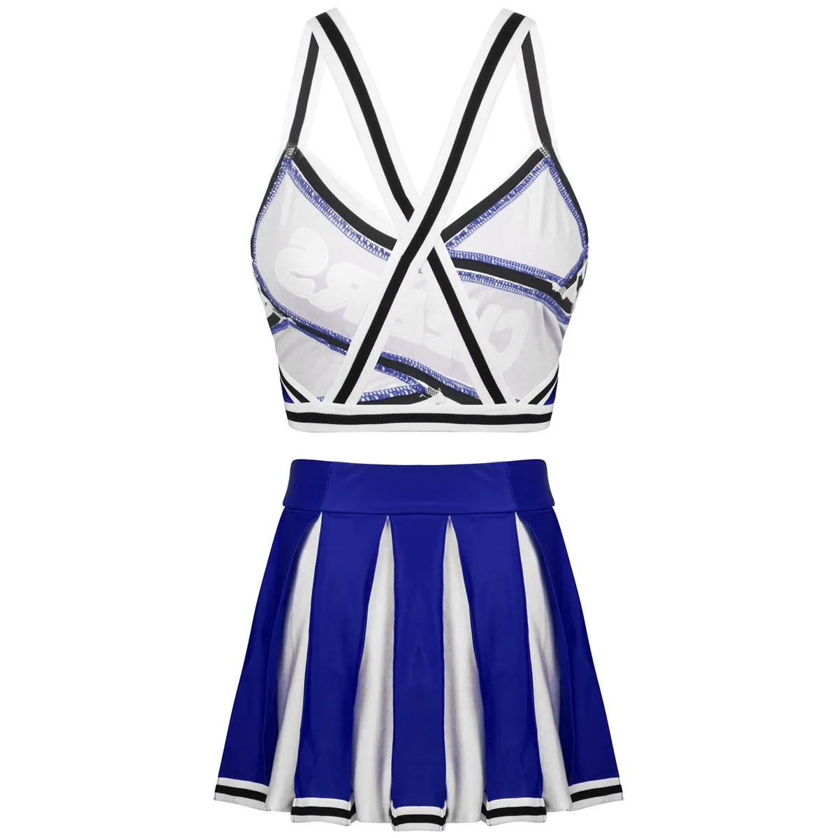 2 Piece Cheerleader Costume Cosplay Elastic Striped Shoulder Straps Back Cross Crop Top with High Waist Pleated Skirt