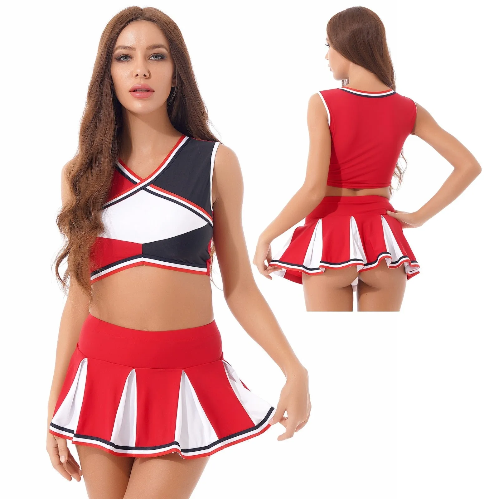 2 Piece Cheerleader Costume Cosplay Elastic Striped Shoulder Straps Back Cross Crop Top with High Waist Pleated Skirt