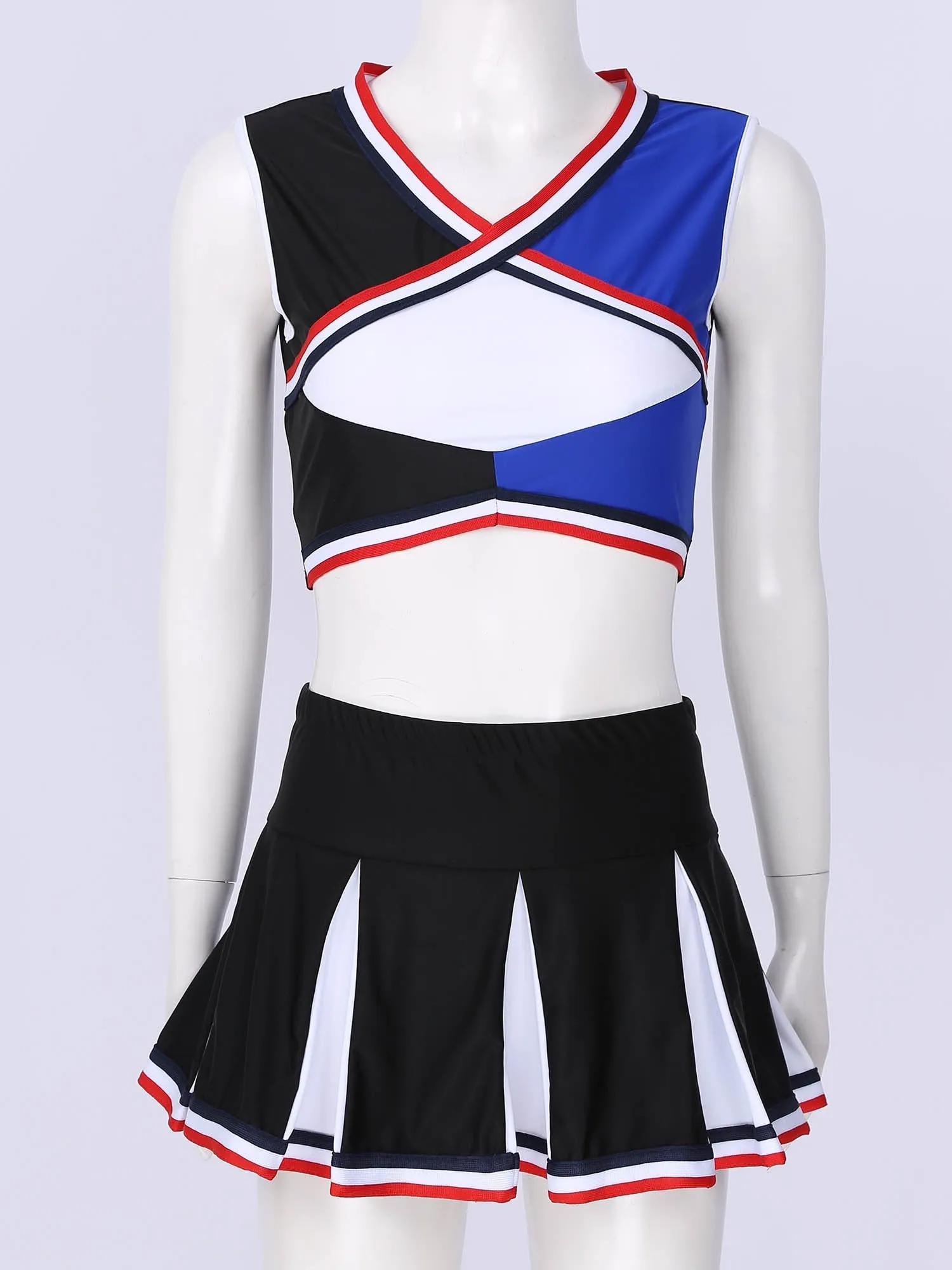 2 Piece Cheerleader Costume Cosplay Elastic Striped Shoulder Straps Back Cross Crop Top with High Waist Pleated Skirt