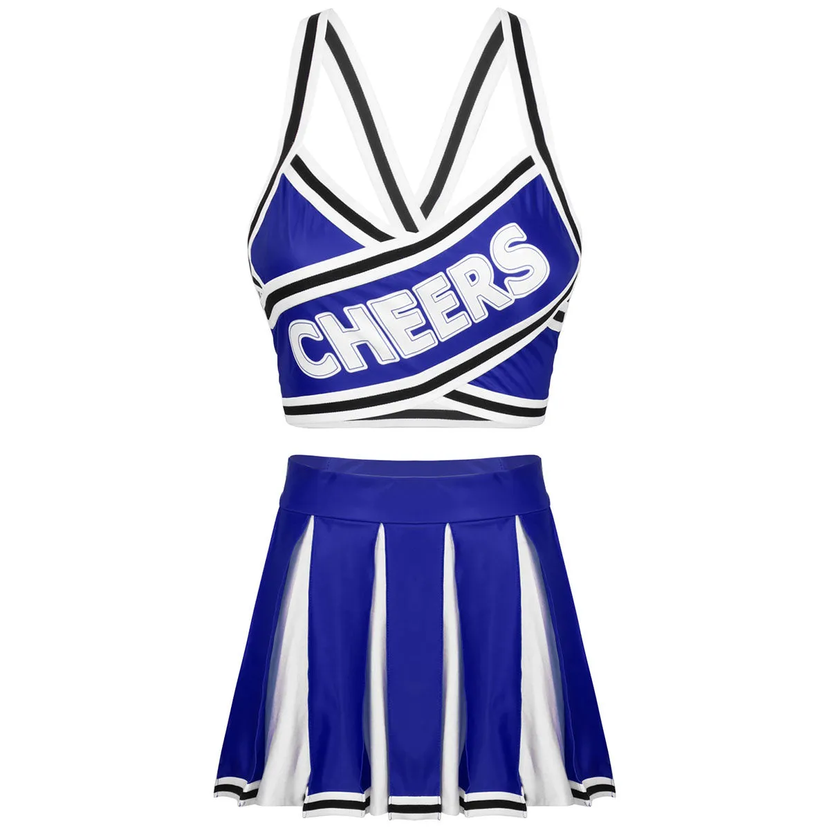 2 Piece Cheerleader Costume Cosplay Elastic Striped Shoulder Straps Back Cross Crop Top with High Waist Pleated Skirt