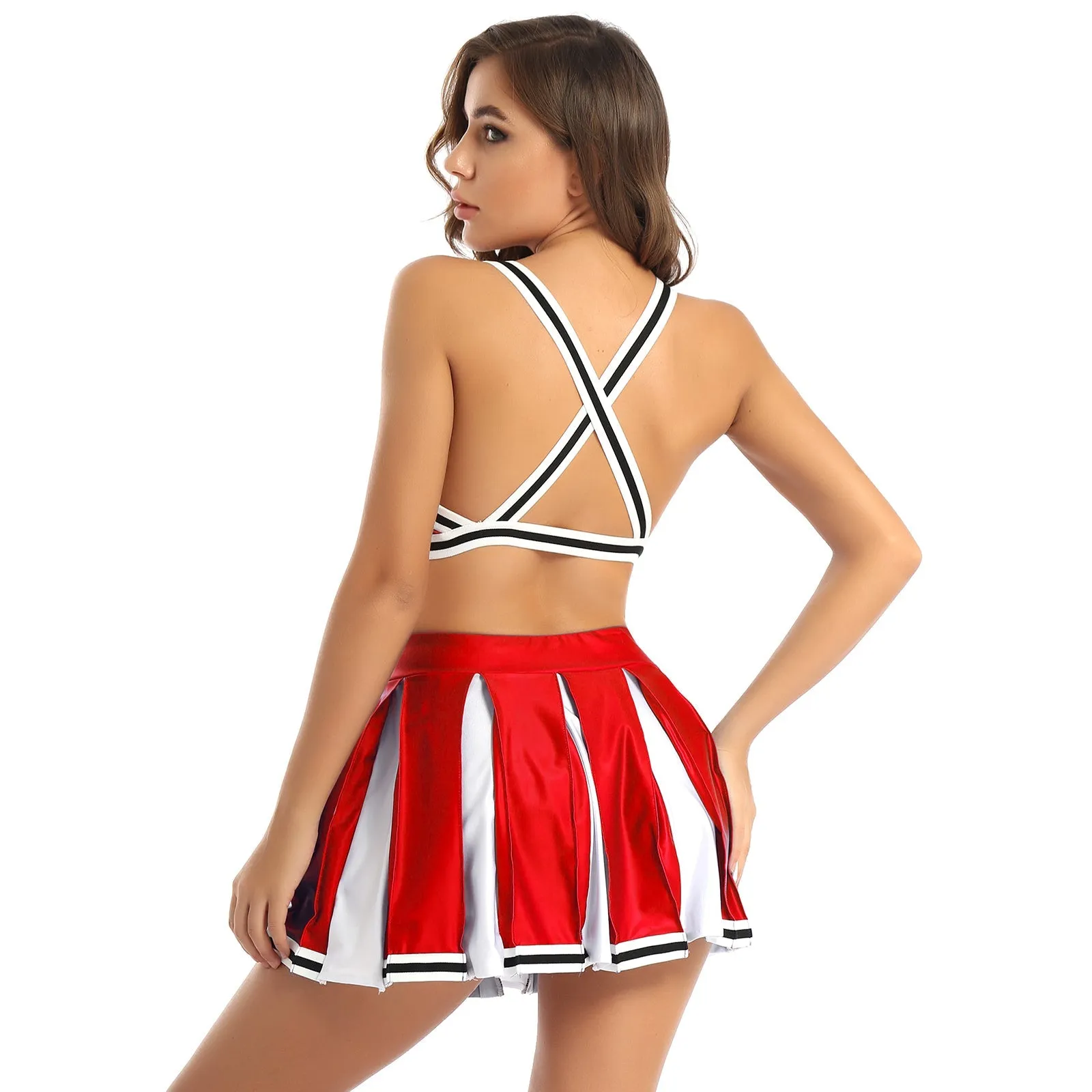 2 Piece Cheerleader Costume Cosplay Elastic Striped Shoulder Straps Back Cross Crop Top with High Waist Pleated Skirt