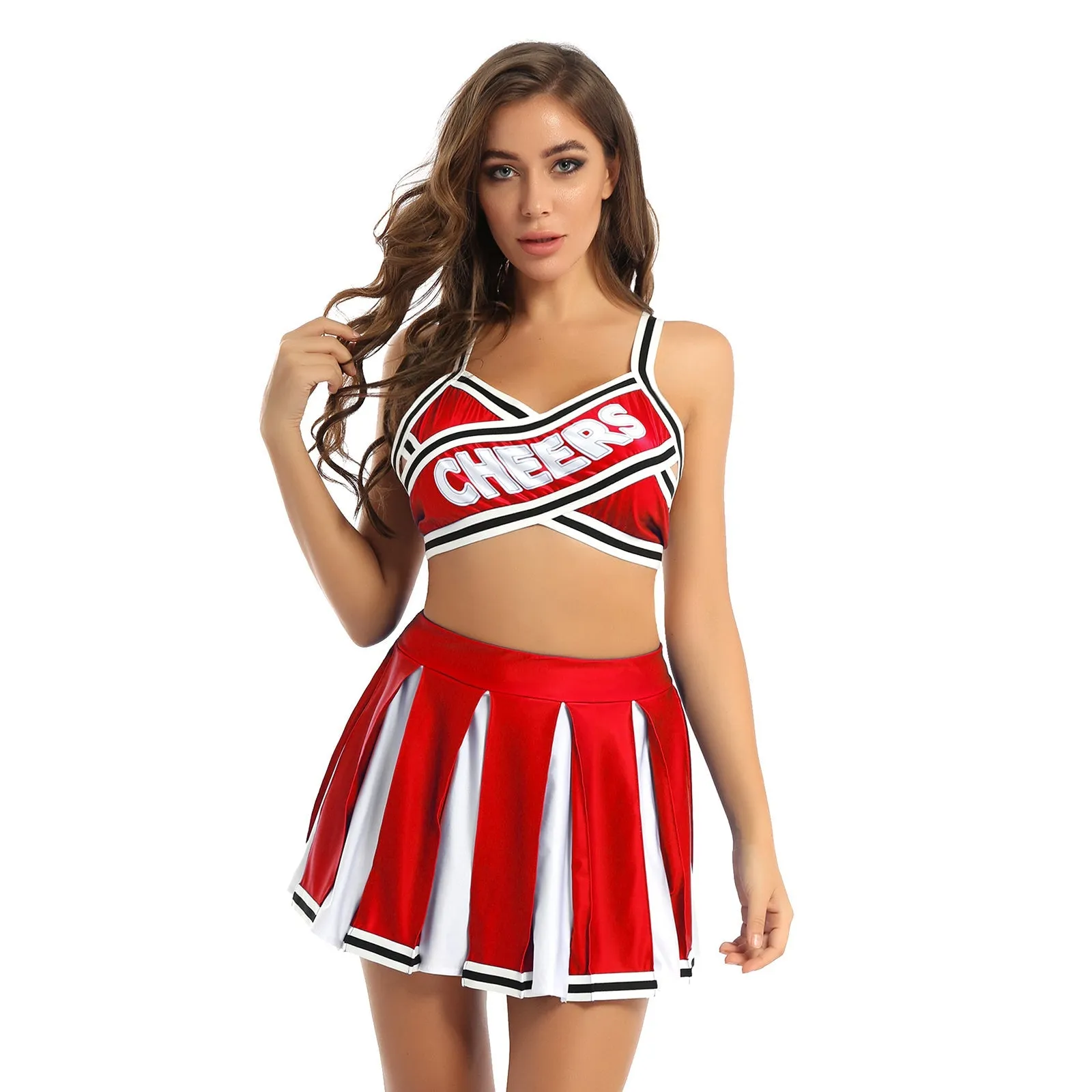 2 Piece Cheerleader Costume Cosplay Elastic Striped Shoulder Straps Back Cross Crop Top with High Waist Pleated Skirt