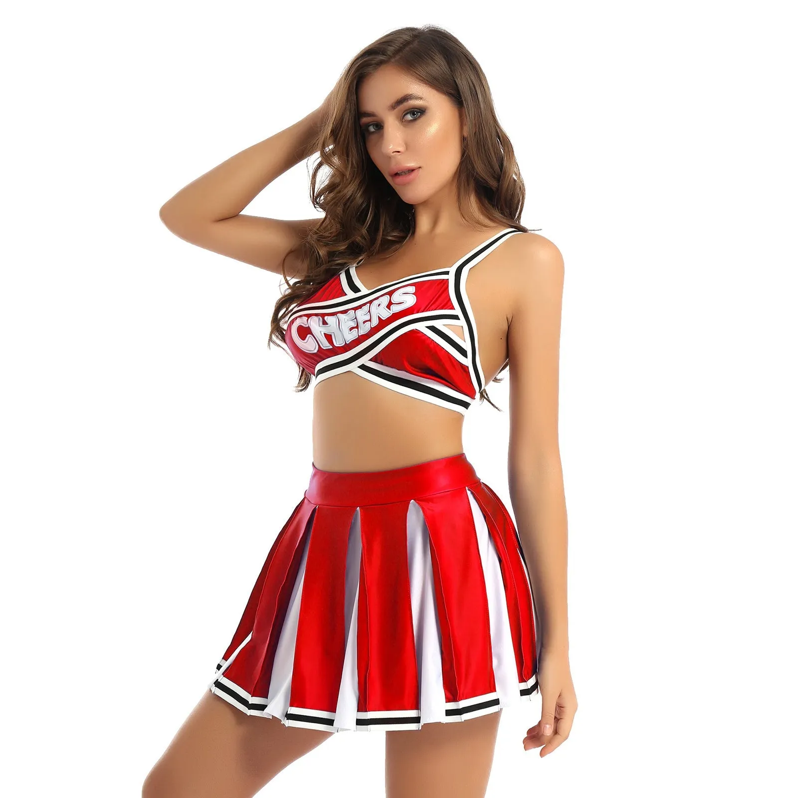 2 Piece Cheerleader Costume Cosplay Elastic Striped Shoulder Straps Back Cross Crop Top with High Waist Pleated Skirt