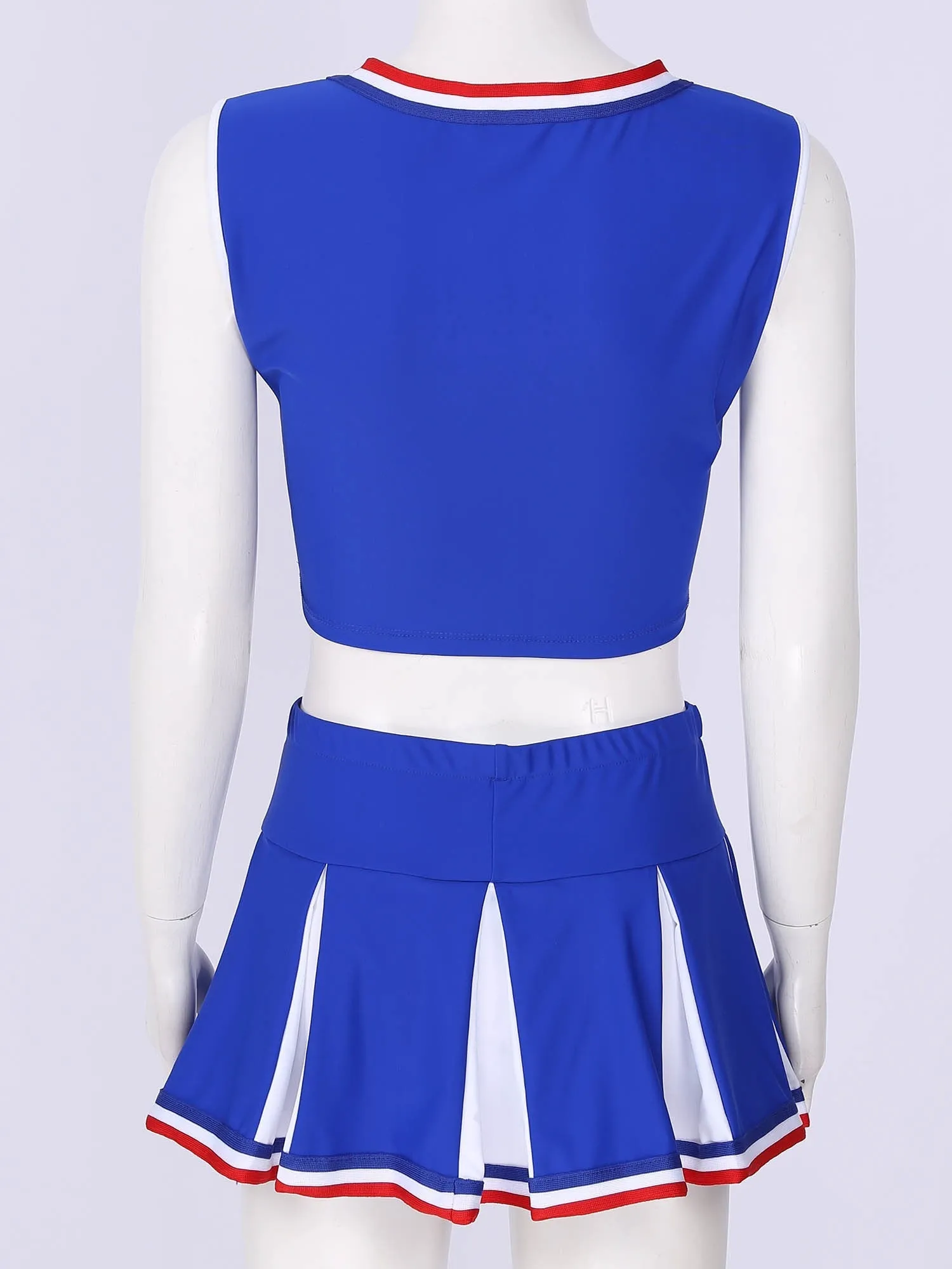 2 Piece Cheerleader Costume Cosplay Elastic Striped Shoulder Straps Back Cross Crop Top with High Waist Pleated Skirt