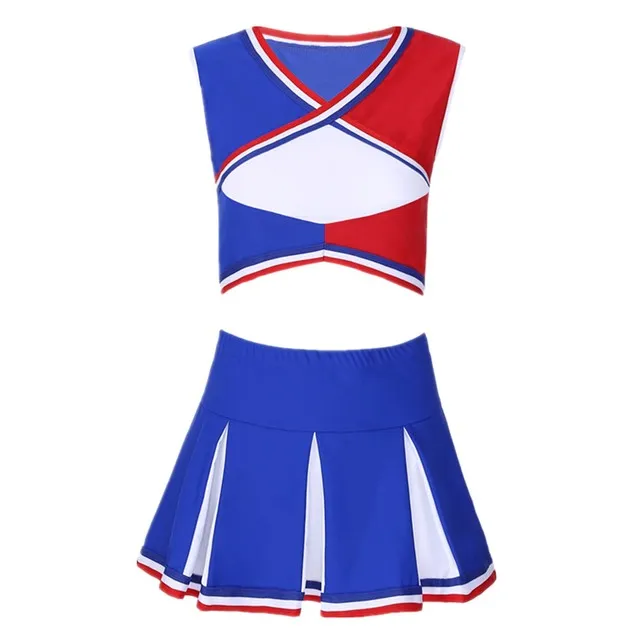 2 Piece Cheerleader Costume Cosplay Elastic Striped Shoulder Straps Back Cross Crop Top with High Waist Pleated Skirt