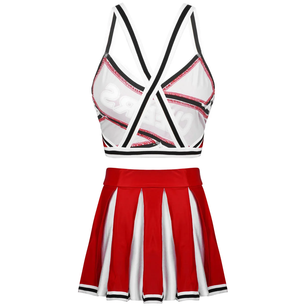 2 Piece Cheerleader Costume Cosplay Elastic Striped Shoulder Straps Back Cross Crop Top with High Waist Pleated Skirt