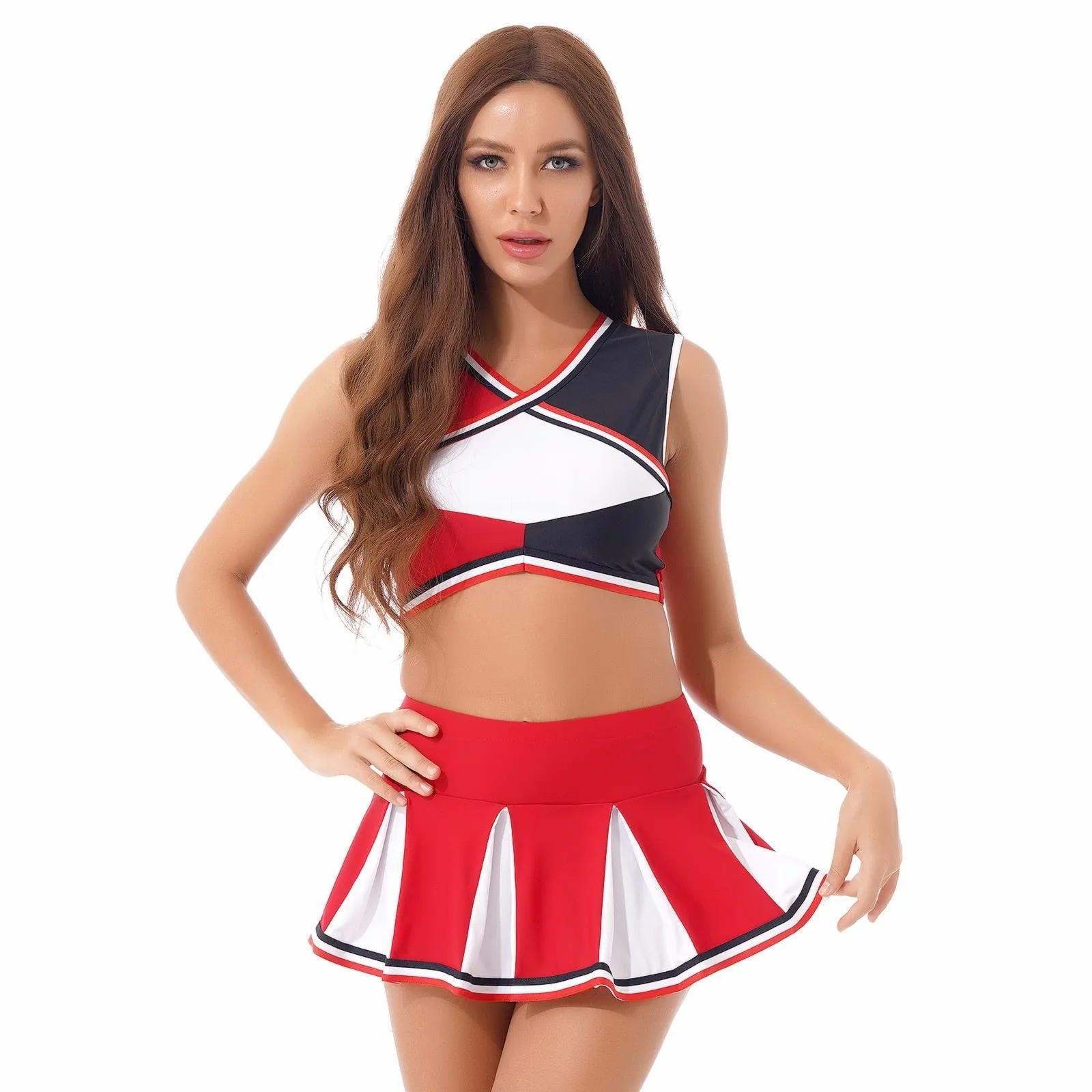 2 Piece Cheerleader Costume Cosplay Elastic Striped Shoulder Straps Back Cross Crop Top with High Waist Pleated Skirt