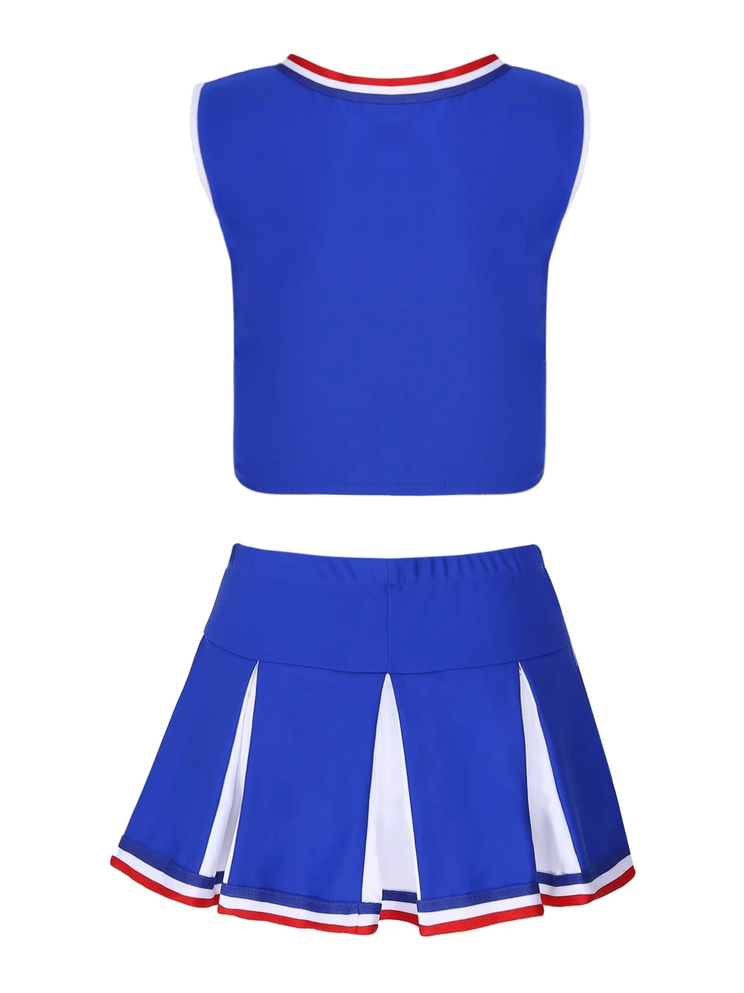 2 Piece Cheerleader Costume Cosplay Elastic Striped Shoulder Straps Back Cross Crop Top with High Waist Pleated Skirt