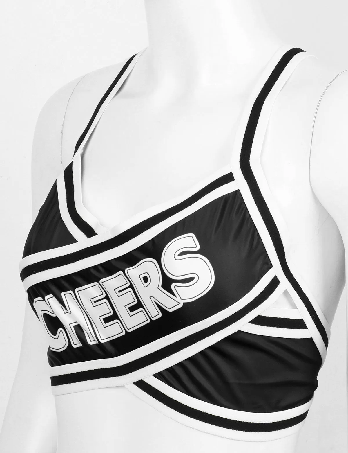 2 Piece Cheerleader Costume Cosplay Elastic Striped Shoulder Straps Back Cross Crop Top with High Waist Pleated Skirt