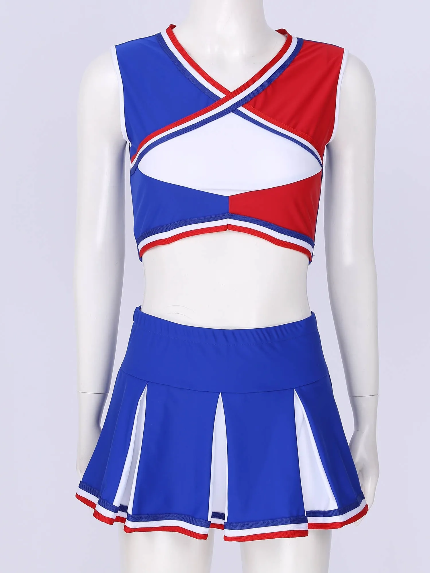 2 Piece Cheerleader Costume Cosplay Elastic Striped Shoulder Straps Back Cross Crop Top with High Waist Pleated Skirt