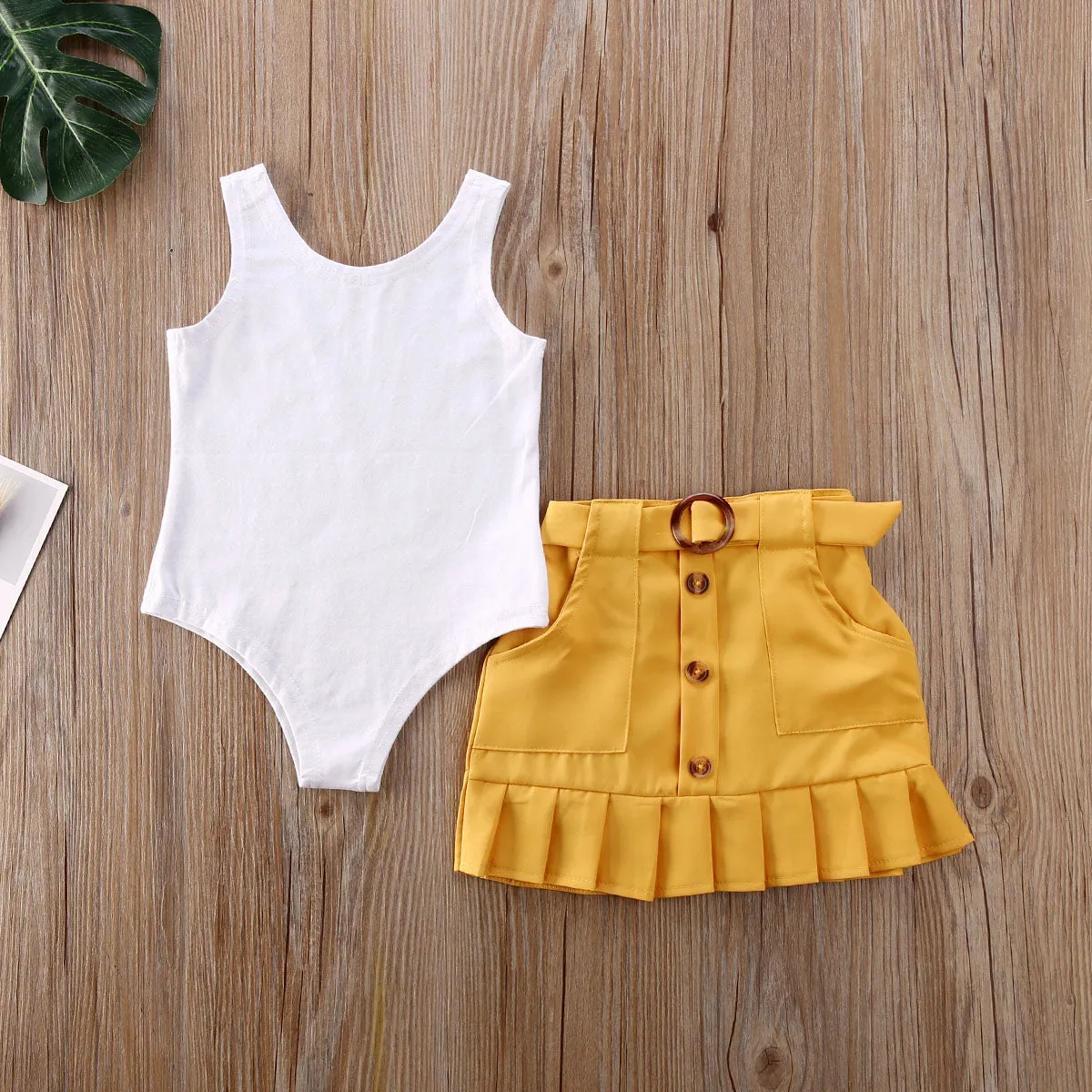 2 Piece Toddler Kids Baby Girl Clothes Sleeveless Solid Vest Romper Yellow Pleated Skirt Summer Outfit Set