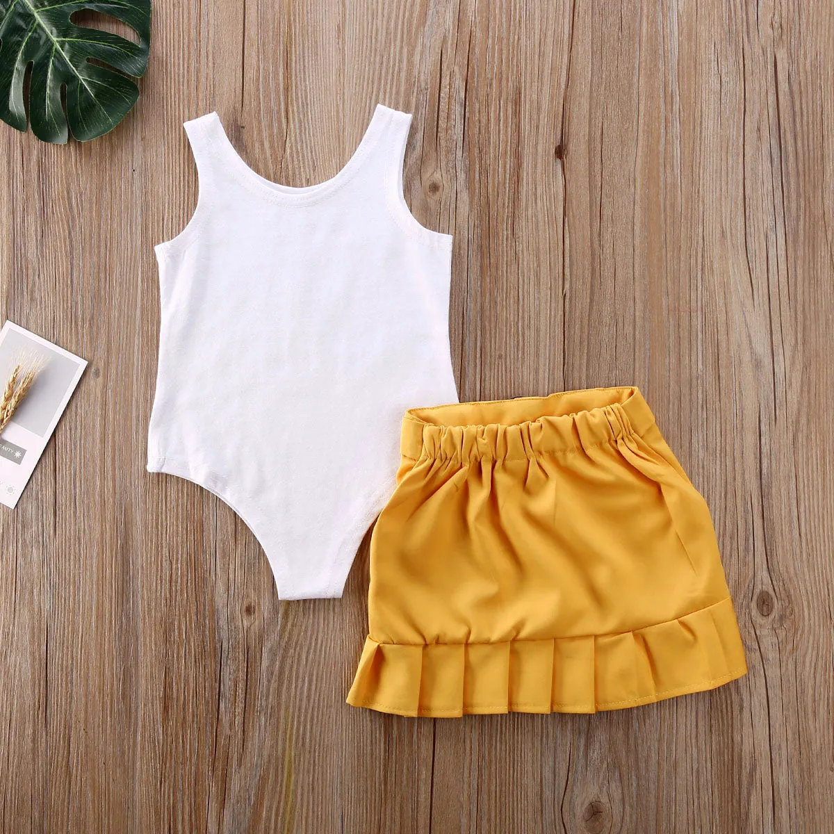 2 Piece Toddler Kids Baby Girl Clothes Sleeveless Solid Vest Romper Yellow Pleated Skirt Summer Outfit Set