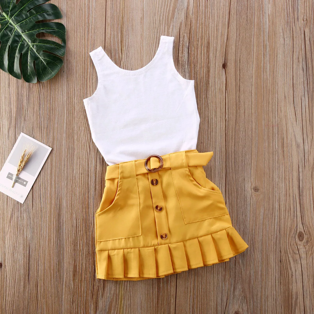 2 Piece Toddler Kids Baby Girl Clothes Sleeveless Solid Vest Romper Yellow Pleated Skirt Summer Outfit Set