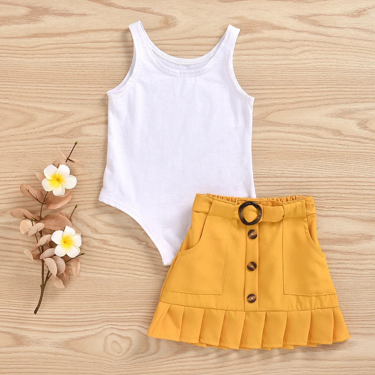 2 Piece Toddler Kids Baby Girl Clothes Sleeveless Solid Vest Romper Yellow Pleated Skirt Summer Outfit Set