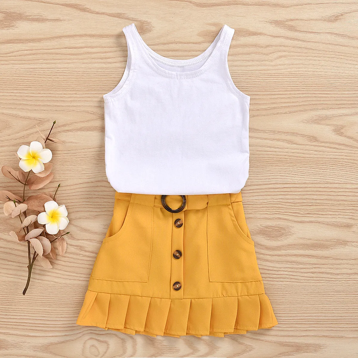 2 Piece Toddler Kids Baby Girl Clothes Sleeveless Solid Vest Romper Yellow Pleated Skirt Summer Outfit Set