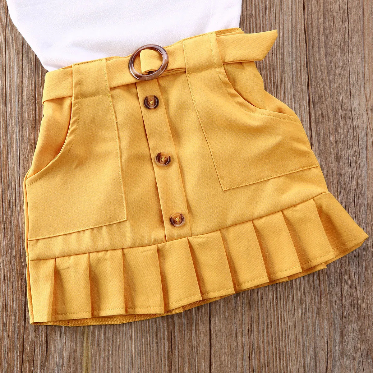 2 Piece Toddler Kids Baby Girl Clothes Sleeveless Solid Vest Romper Yellow Pleated Skirt Summer Outfit Set