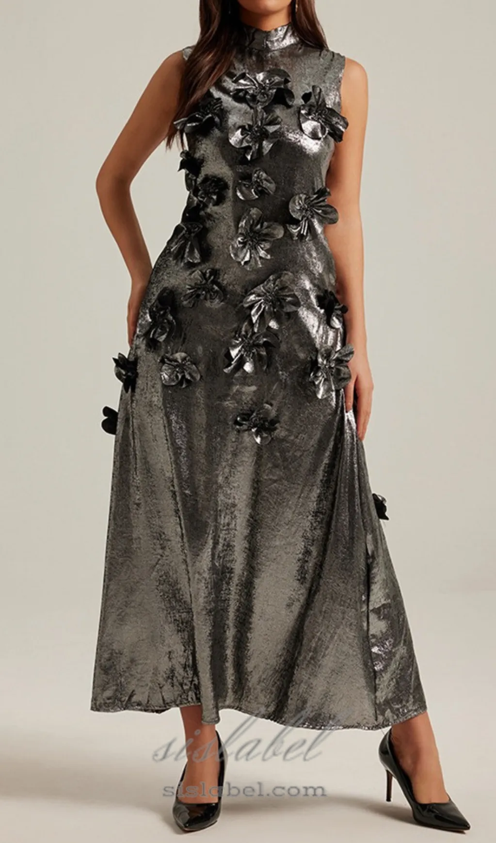 3d floral embellished maxi dress in grey