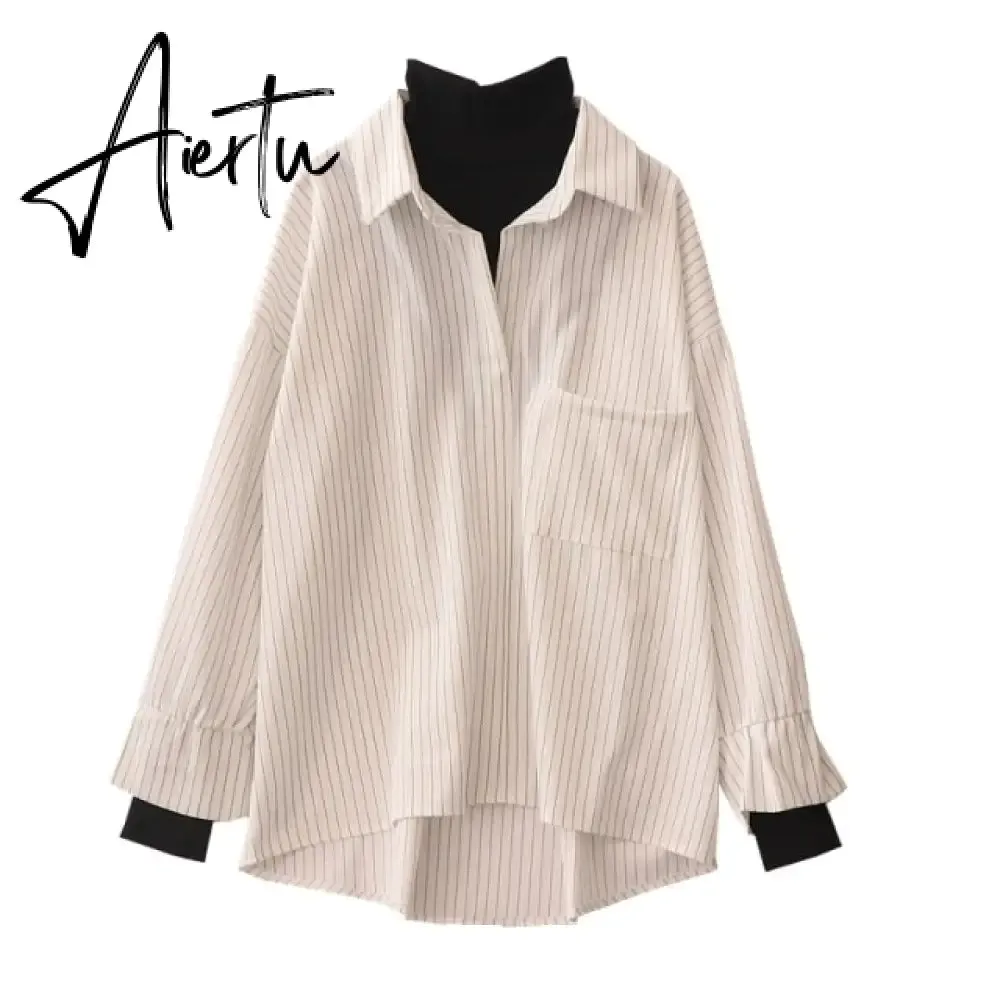 Aiertu Fake Two Piece Striped Shirt Women Patchwork Knitted Turtleneck  Autumn Winter Long Sleeve Casual Loose Female Blouse Tops