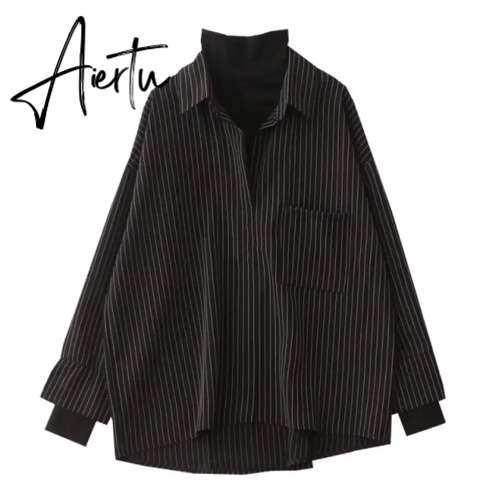 Aiertu Fake Two Piece Striped Shirt Women Patchwork Knitted Turtleneck  Autumn Winter Long Sleeve Casual Loose Female Blouse Tops