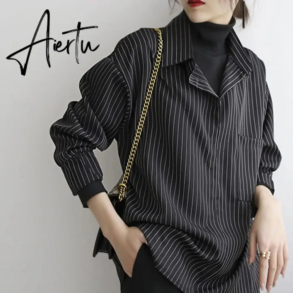 Aiertu Fake Two Piece Striped Shirt Women Patchwork Knitted Turtleneck  Autumn Winter Long Sleeve Casual Loose Female Blouse Tops