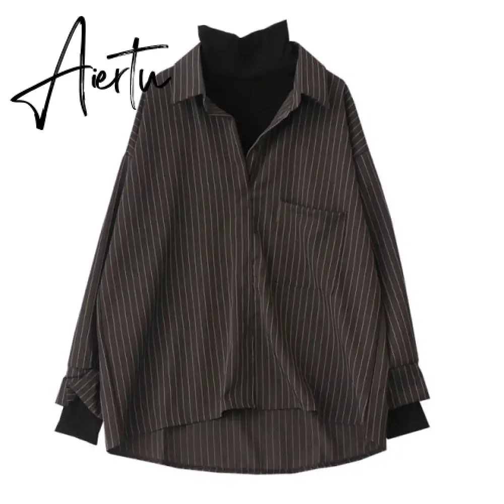 Aiertu Fake Two Piece Striped Shirt Women Patchwork Knitted Turtleneck  Autumn Winter Long Sleeve Casual Loose Female Blouse Tops