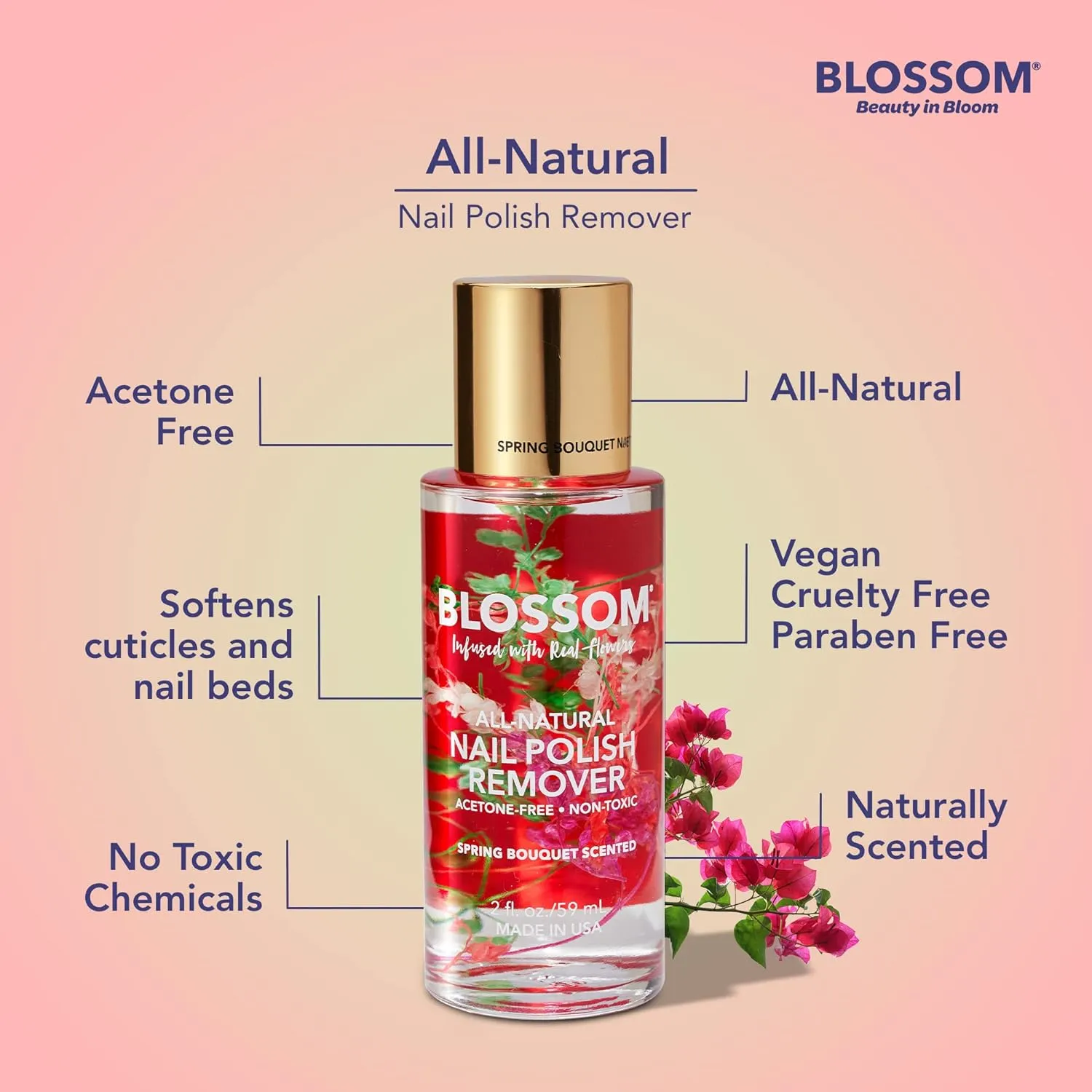 All Natural, Scented, Organic Plant-Based, Vegan, Cruelty Free, Acetone Free Nail Polish Remover, Infused with Real Flowers, Made in USA, 2 fl. oz., Spring Bouquet