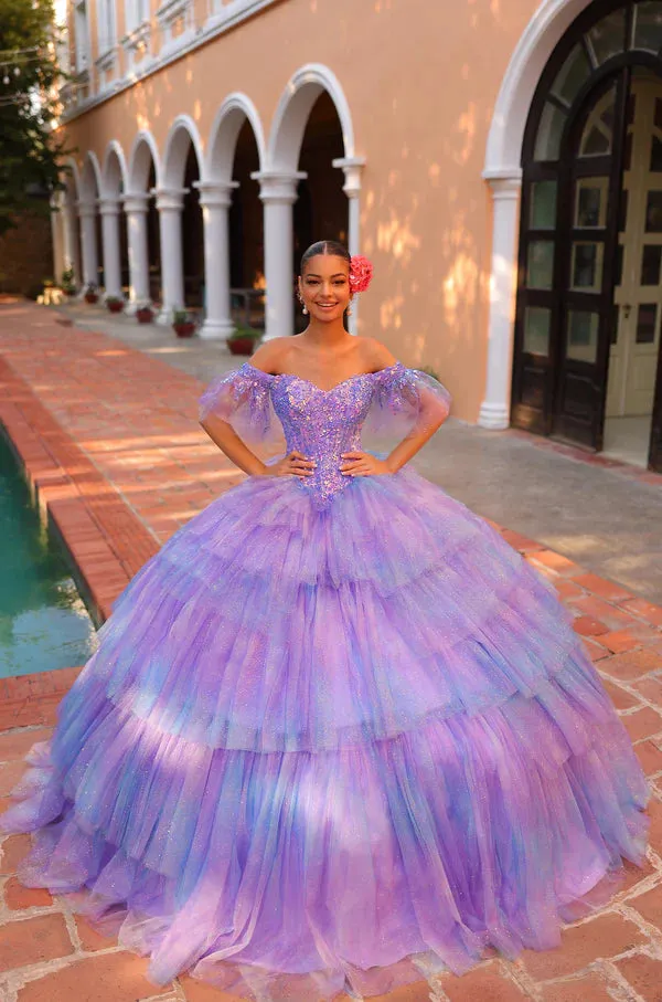 Amarra 54312 Quinceanera Dress Layer Tulle Sequin Off the Shoulder Ball Gown Ombre Corset