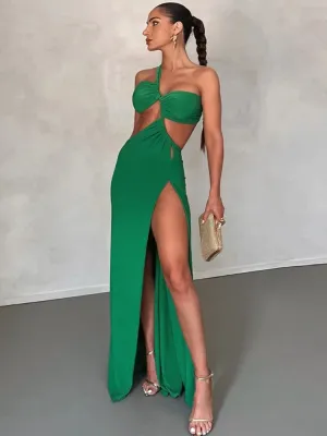 Amozae-A One Shoulder Strap Backless Maxi Dress For Women Gown Strapless Sleeveless Backless Thigh High Split Sexy Evening Dress