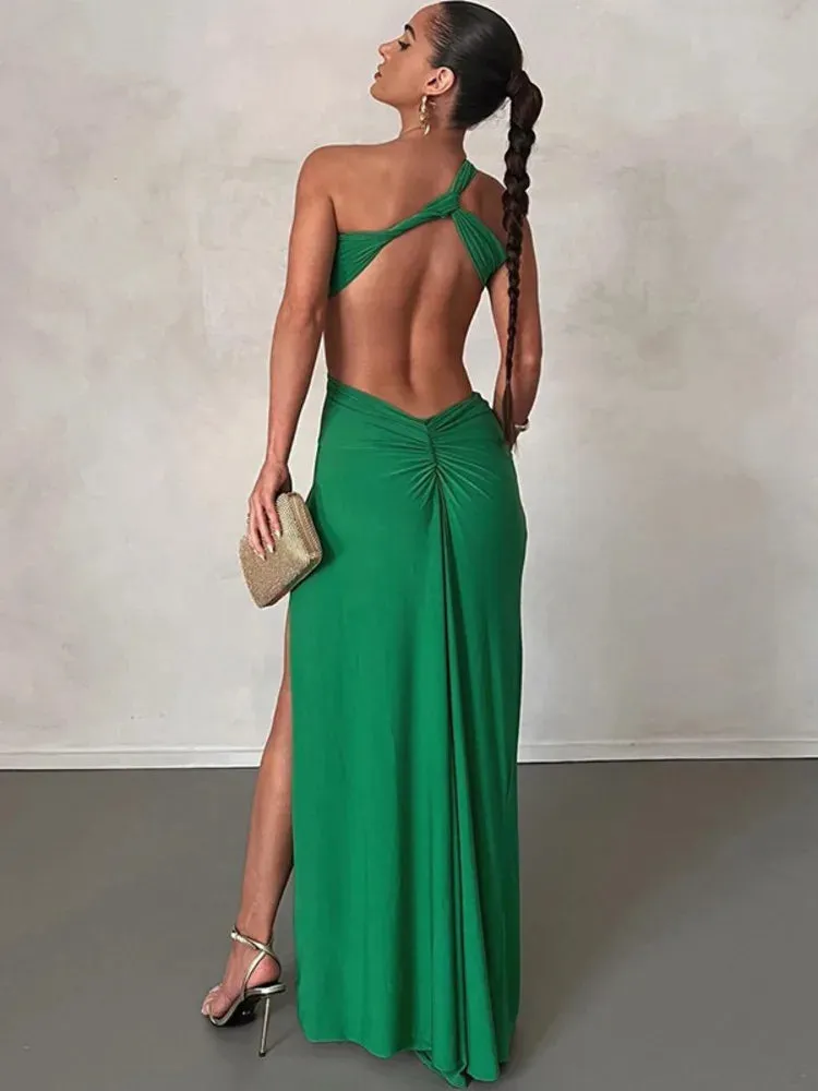 Amozae-A One Shoulder Strap Backless Maxi Dress For Women Gown Strapless Sleeveless Backless Thigh High Split Sexy Evening Dress