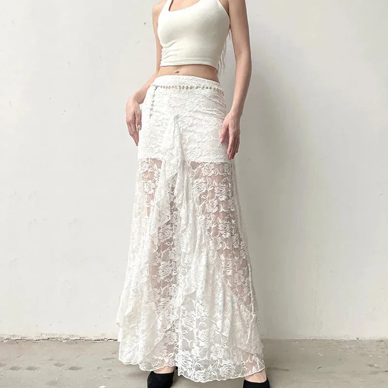 Amozae-Fashion Irregular Lace See Through Long Skirt For Women Rose Jacquard Tassel Patchwork High Waisted Skirt Female Summer