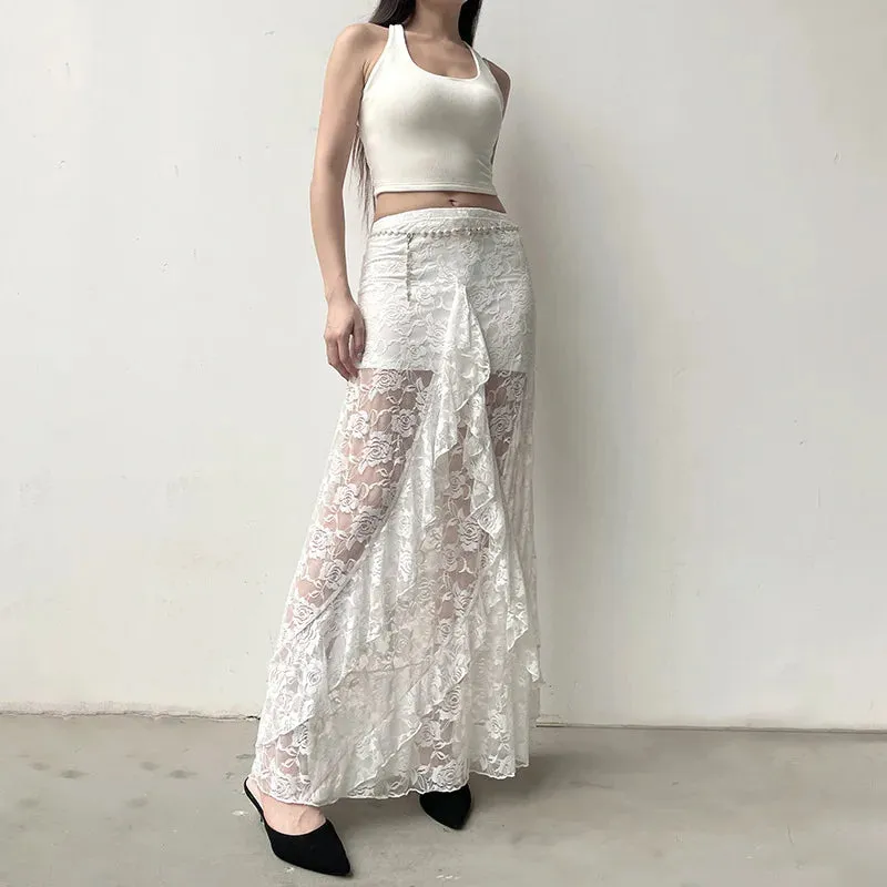 Amozae-Fashion Irregular Lace See Through Long Skirt For Women Rose Jacquard Tassel Patchwork High Waisted Skirt Female Summer