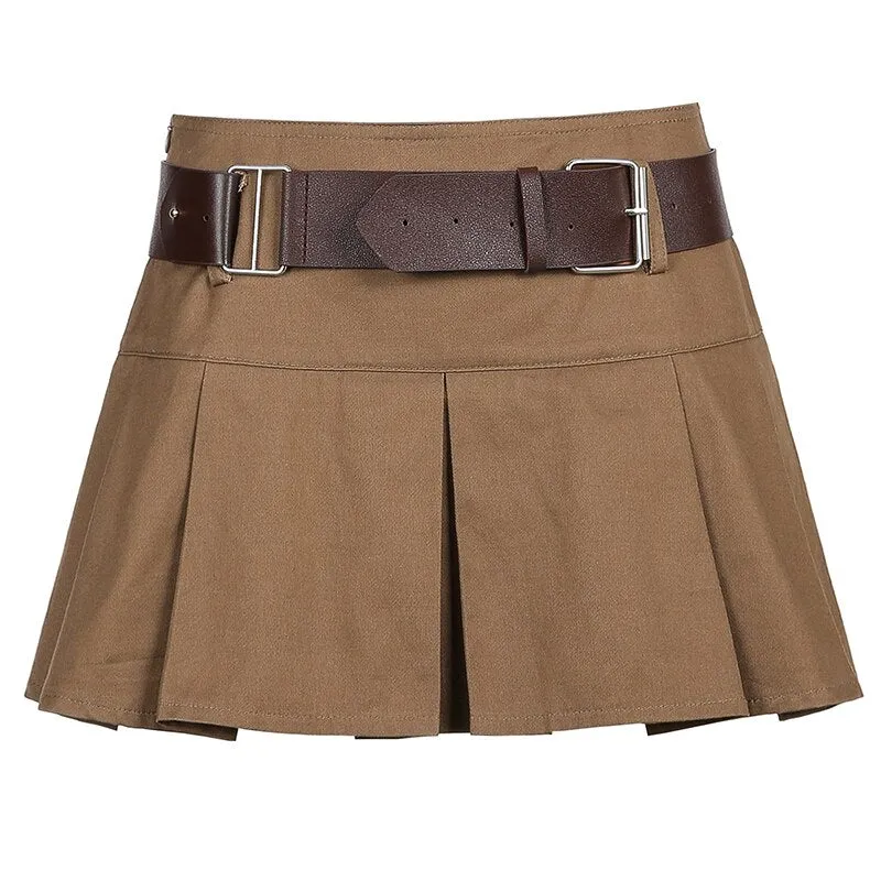 Amozae-hoco dresses  Casual Brown Pleated Mini Skirt Ladies High Waisted Short Skirts Womens With Belt Korean Fashion 90S Summer Street